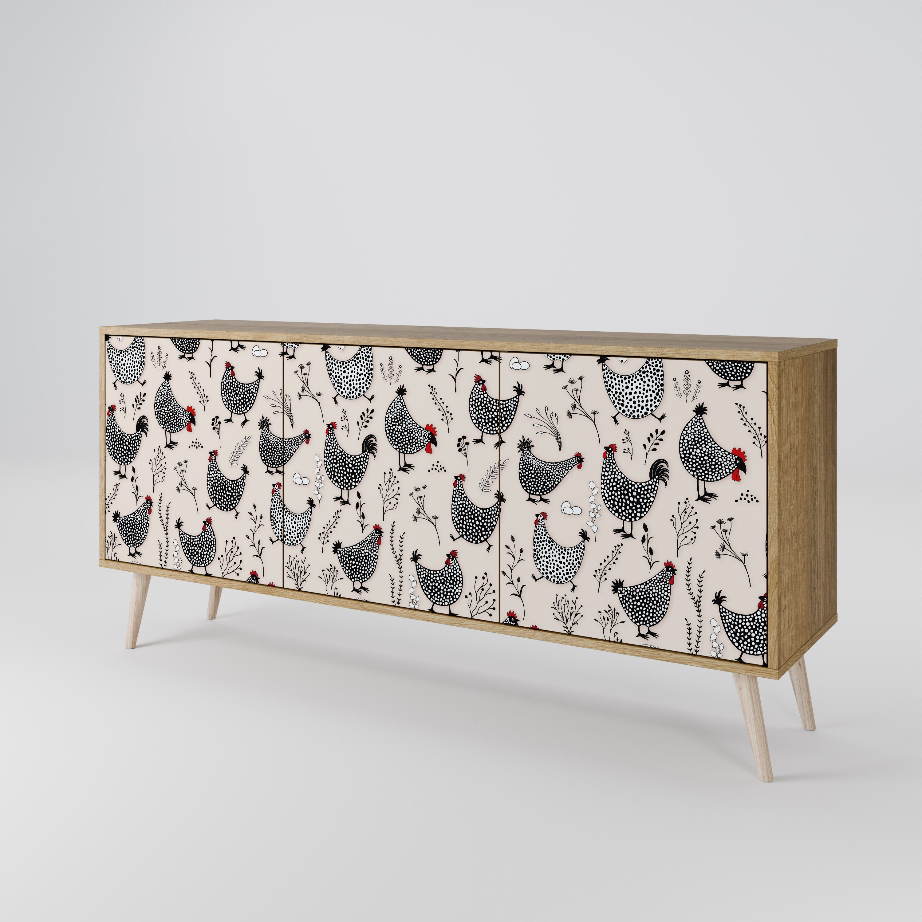 HAPPY HENS 3-Door Sideboard in Oak Effect