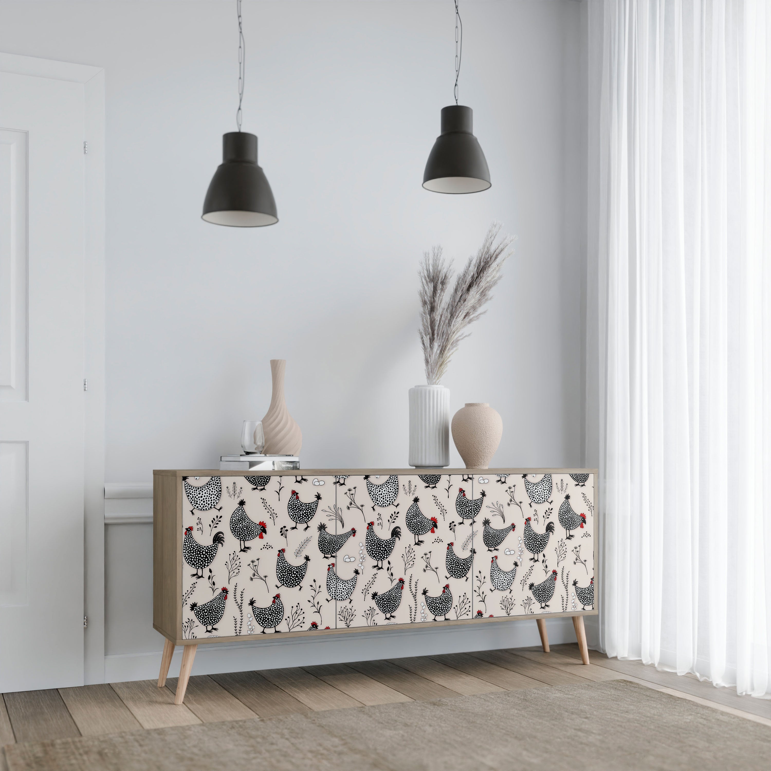 HAPPY HENS 3-Door Sideboard in Oak Effect