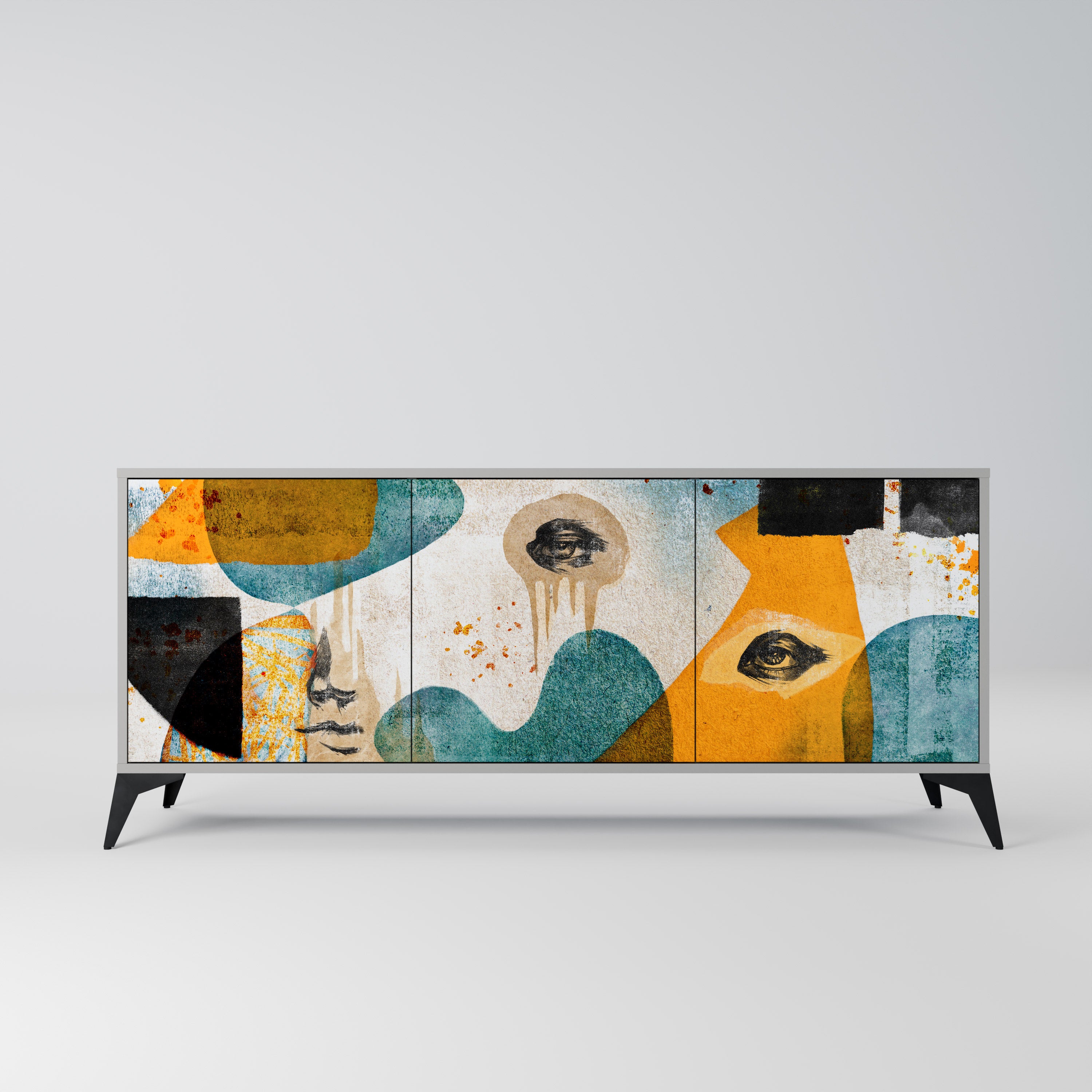 ABSTRACT FACES 3-Door Sideboard in Grey Finish