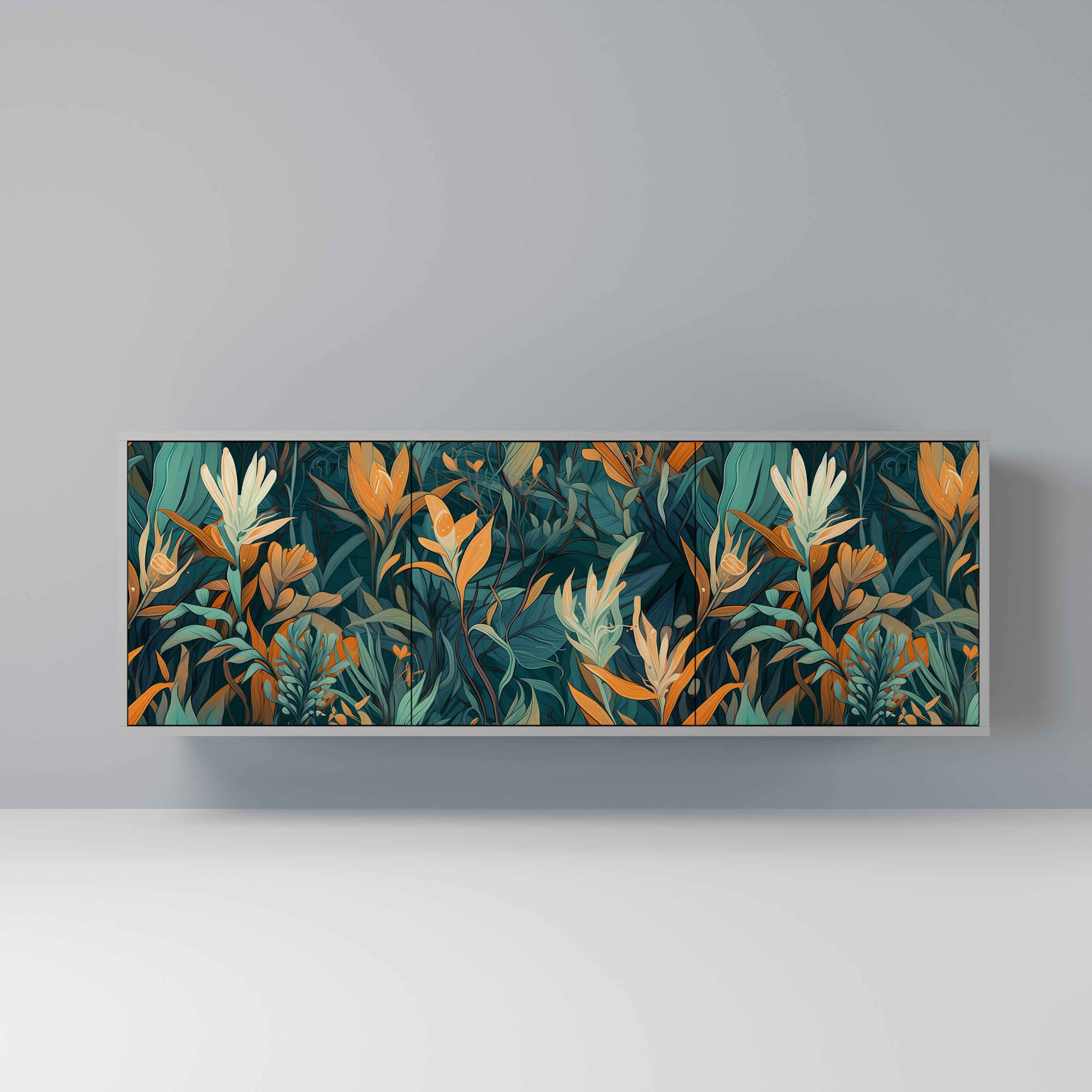 Aparador de 3 puertas FLORAL SERENITY en acabado gris