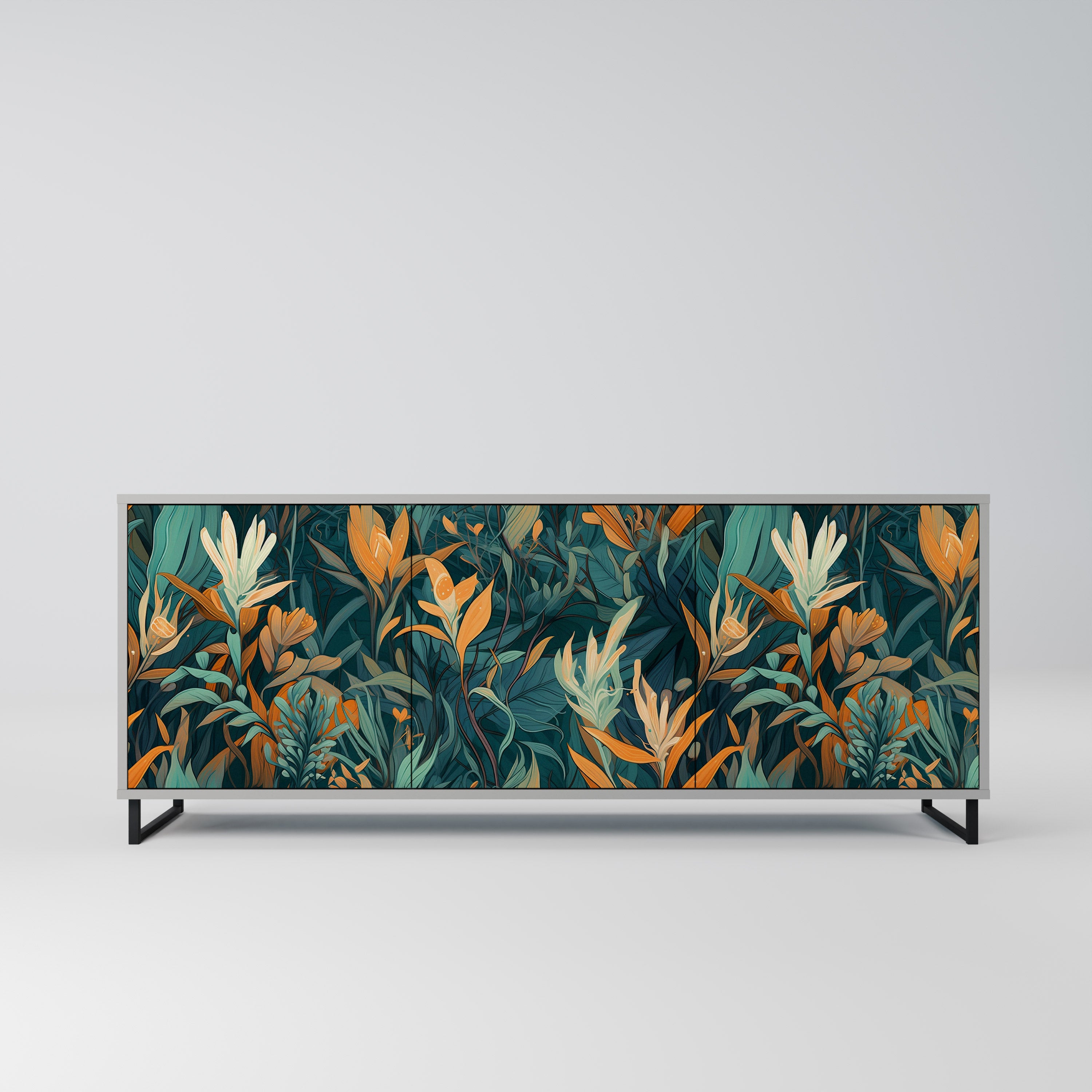 Aparador de 3 puertas FLORAL SERENITY en acabado gris