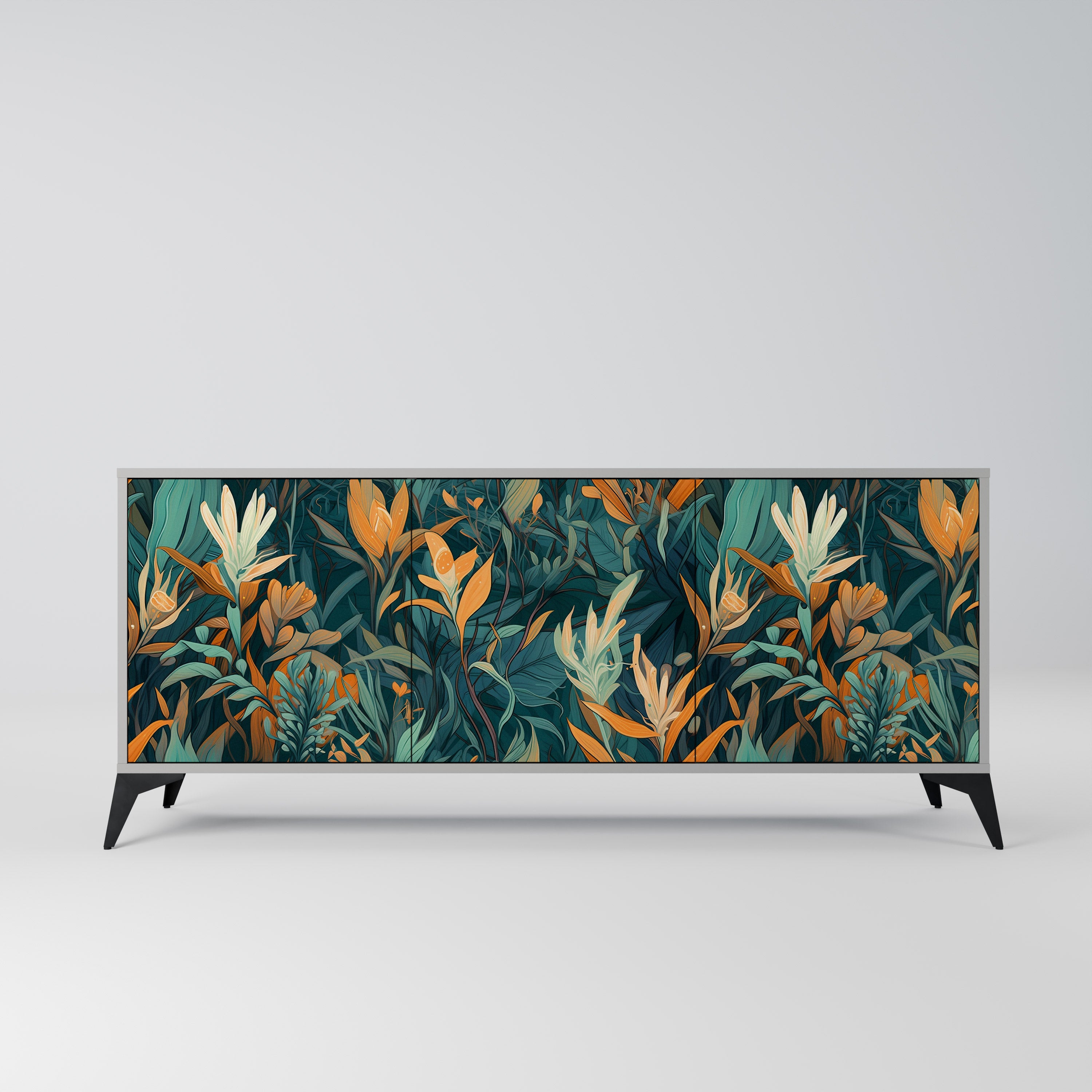 Aparador de 3 puertas FLORAL SERENITY en acabado gris
