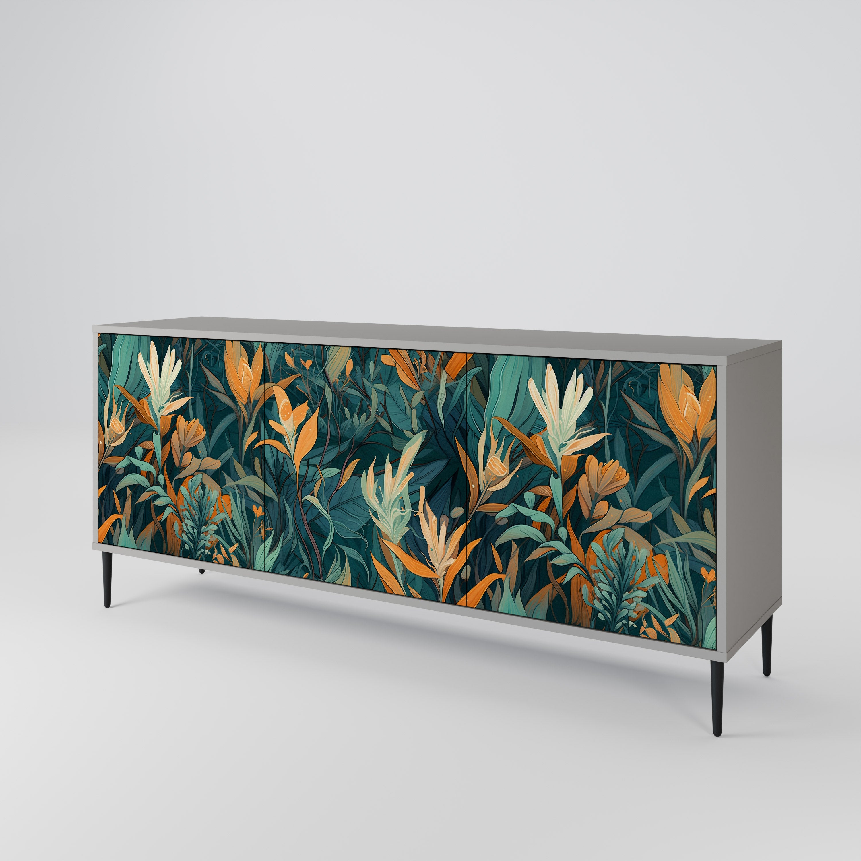 Aparador de 3 puertas FLORAL SERENITY en acabado gris