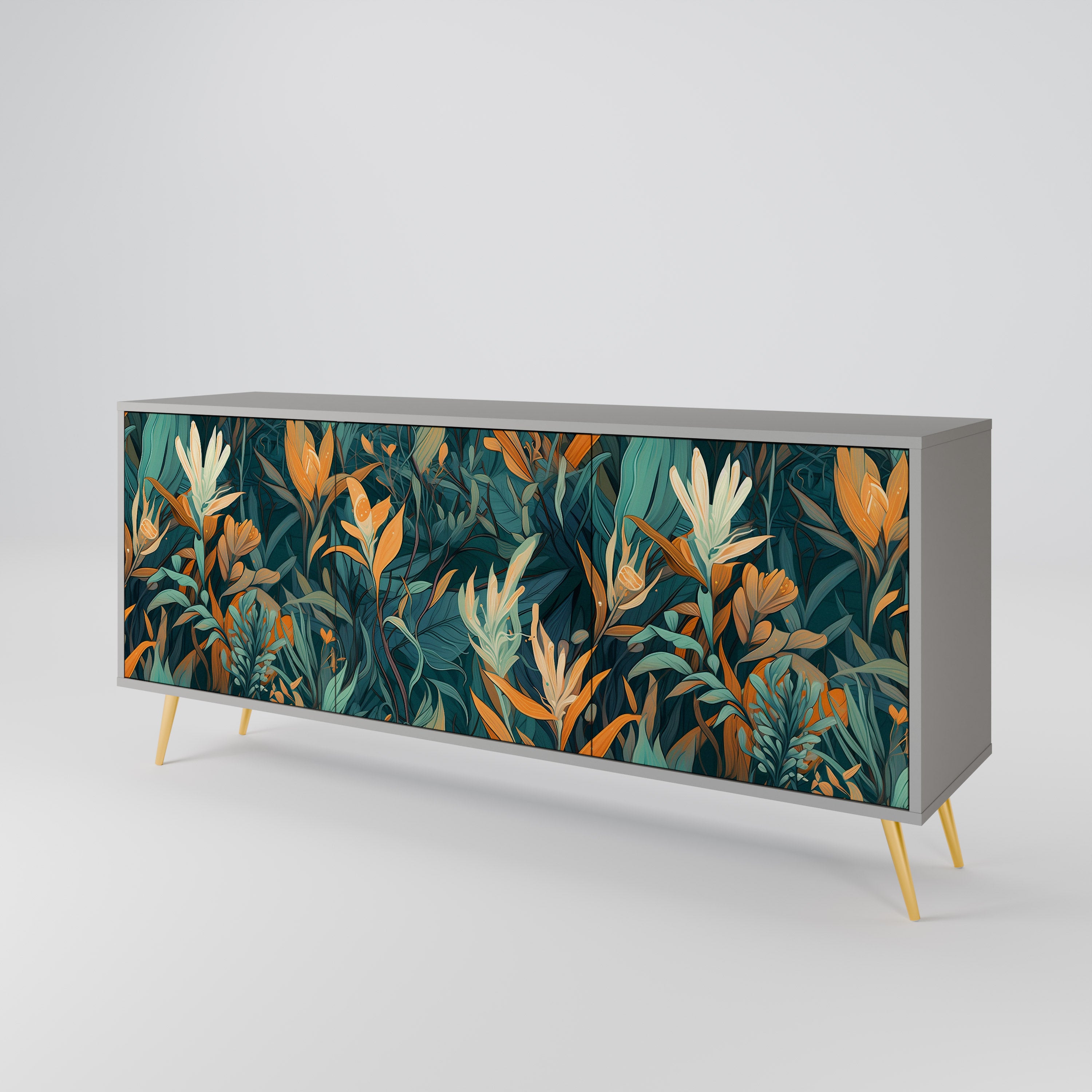 Aparador de 3 puertas FLORAL SERENITY en acabado gris