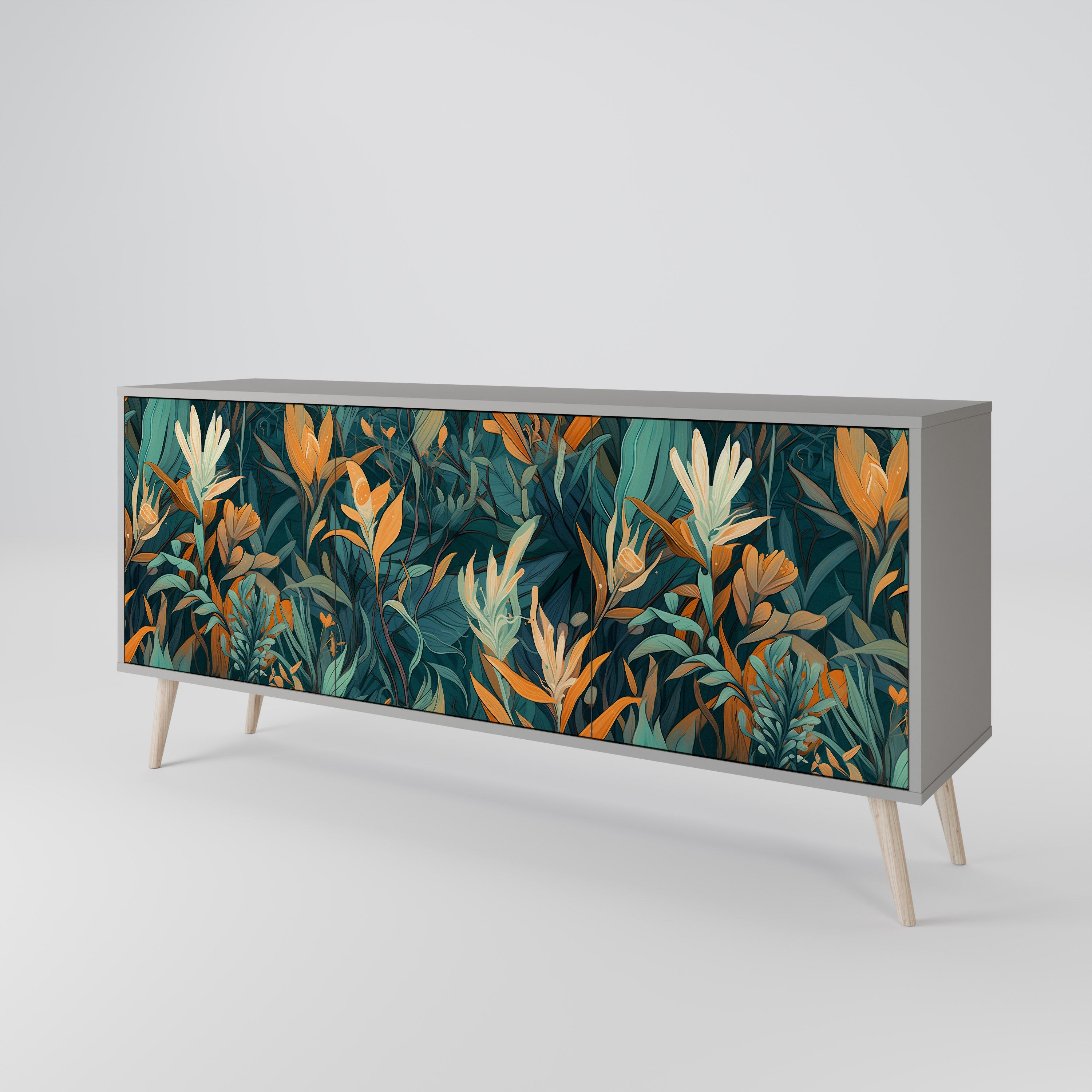 Aparador de 3 puertas FLORAL SERENITY en acabado gris