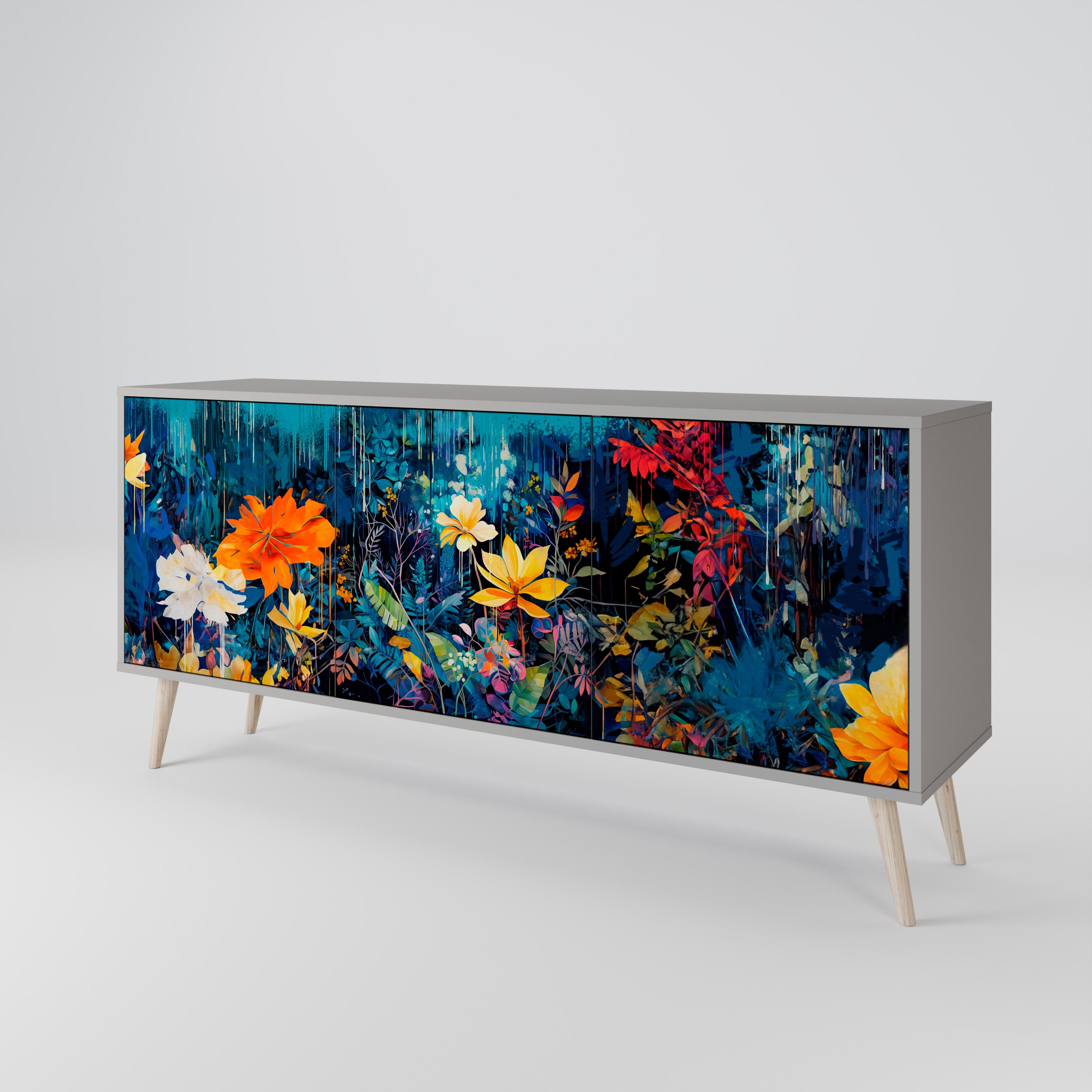 Aparador MIDNIGHT BLOSSOM de 3 puertas en acabado gris