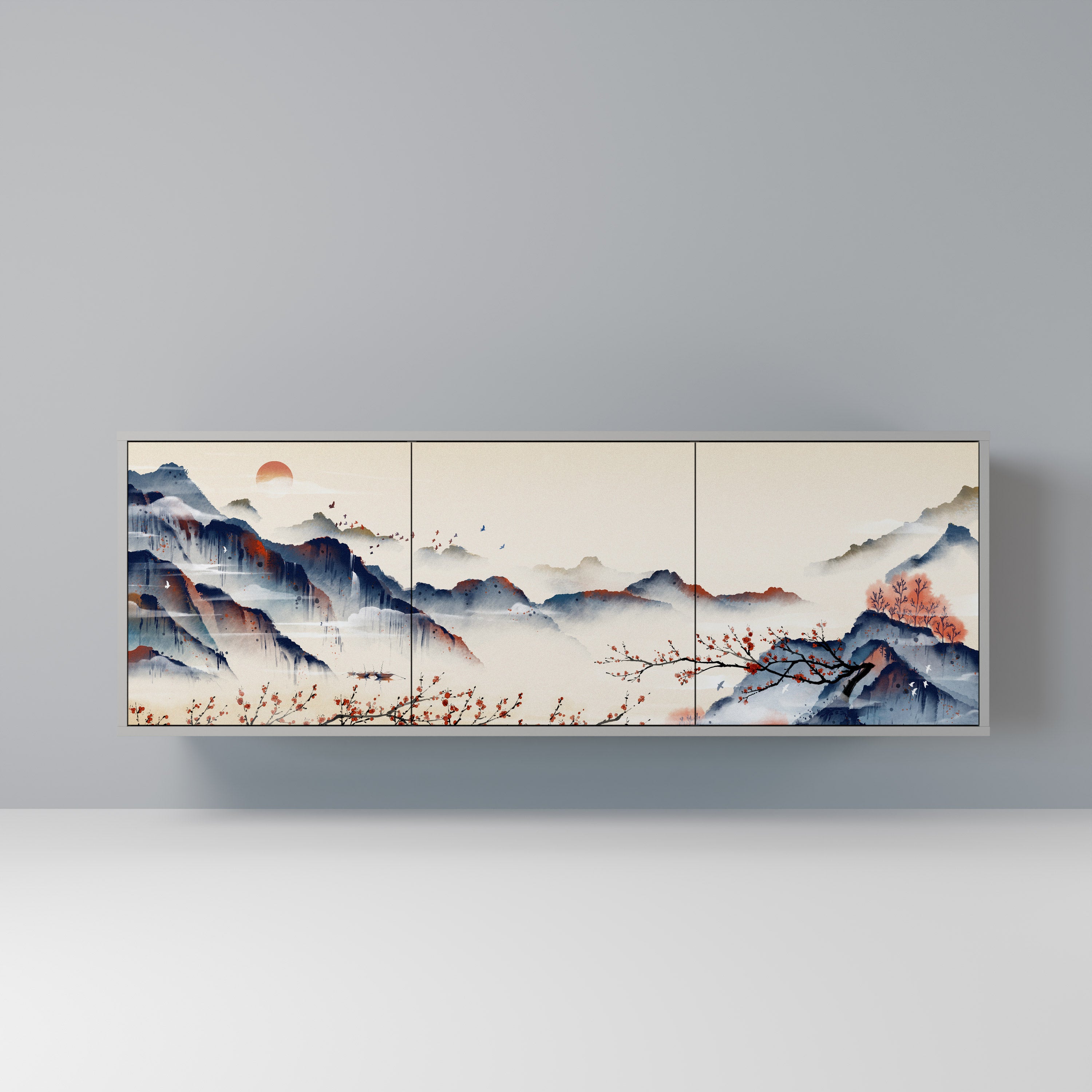 Aparador de 3 puertas con diseño de paisaje japonés en acabado gris