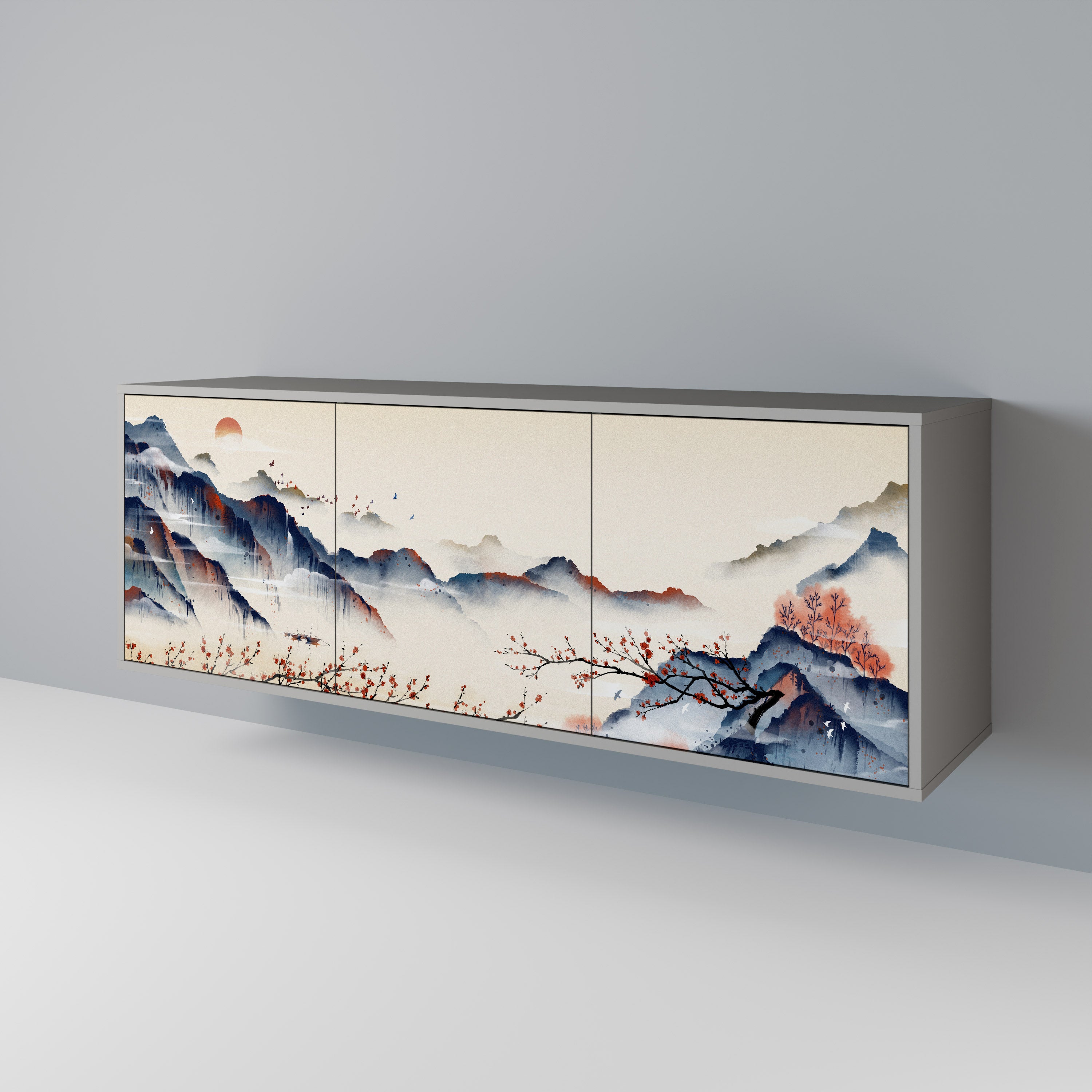 Aparador de 3 puertas con diseño de paisaje japonés en acabado gris