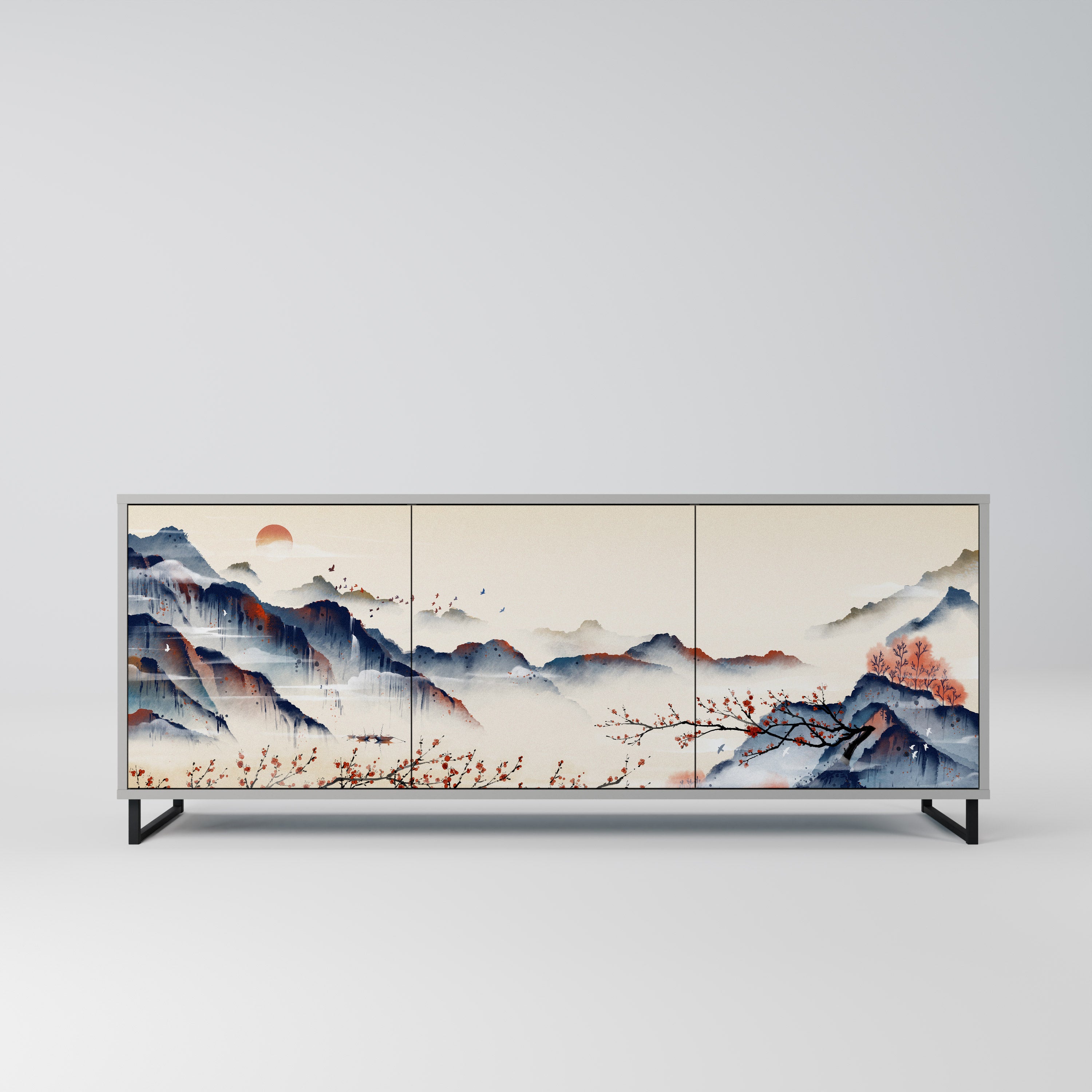 Aparador de 3 puertas con diseño de paisaje japonés en acabado gris
