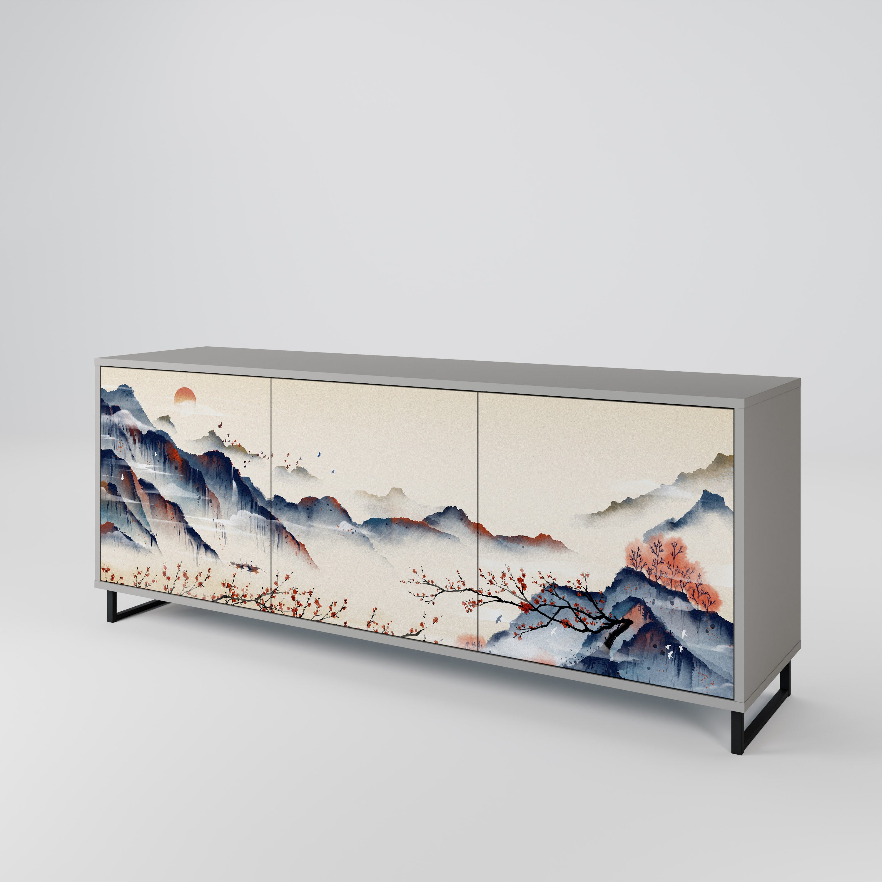 Aparador de 3 puertas con diseño de paisaje japonés en acabado gris