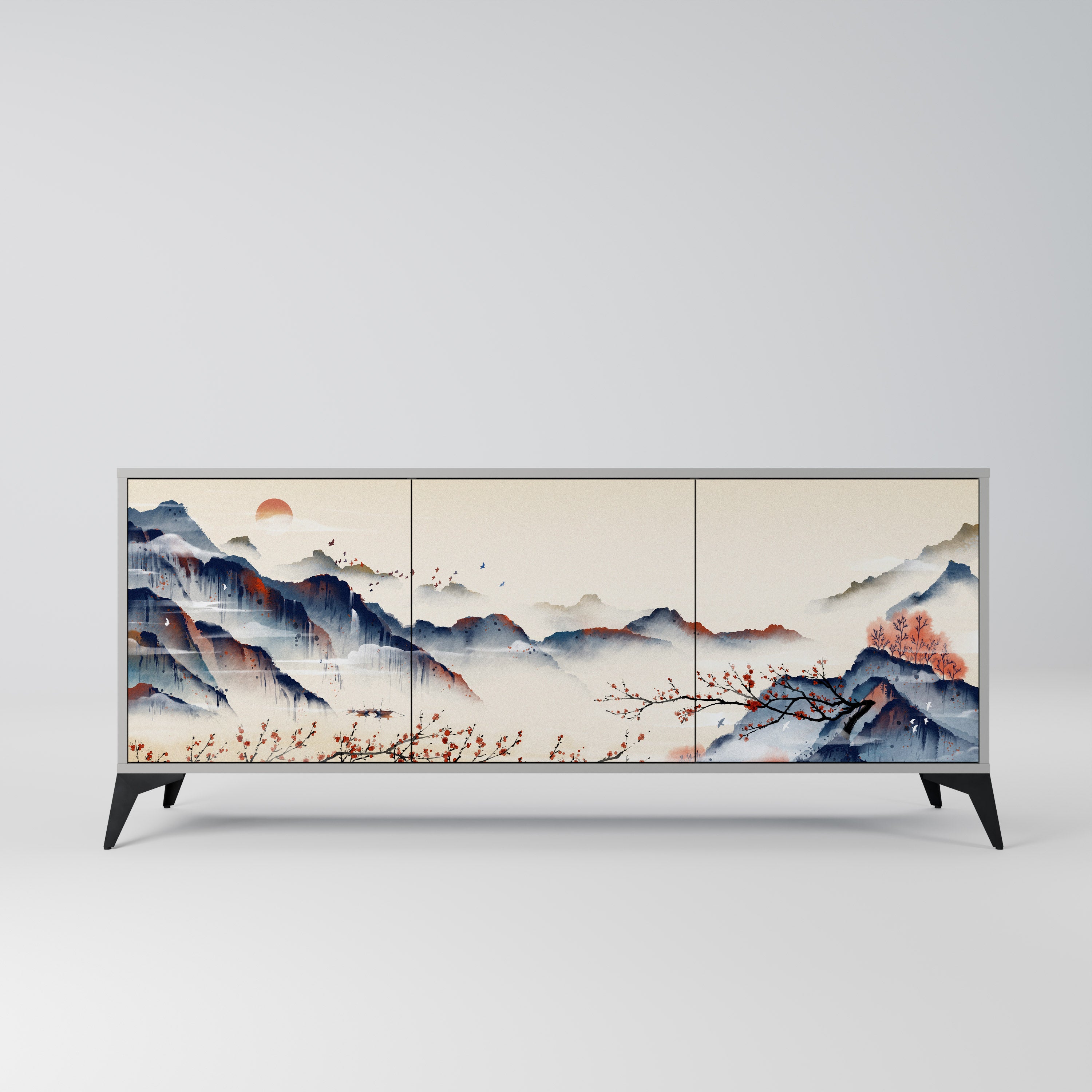Aparador de 3 puertas con diseño de paisaje japonés en acabado gris