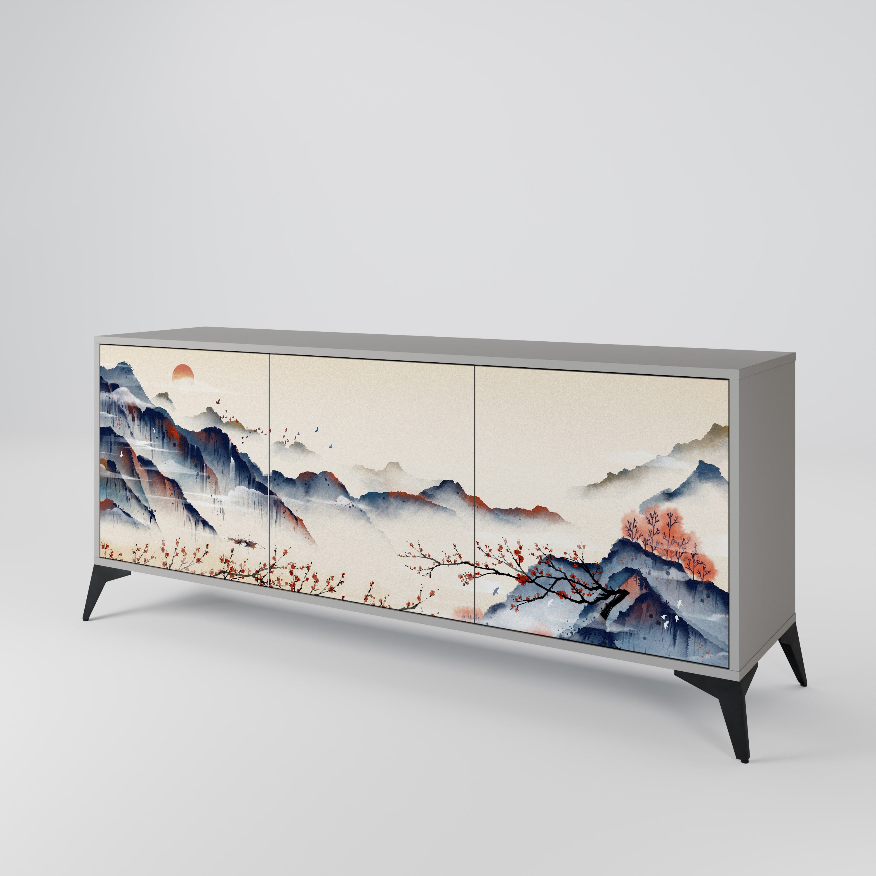 Aparador de 3 puertas con diseño de paisaje japonés en acabado gris