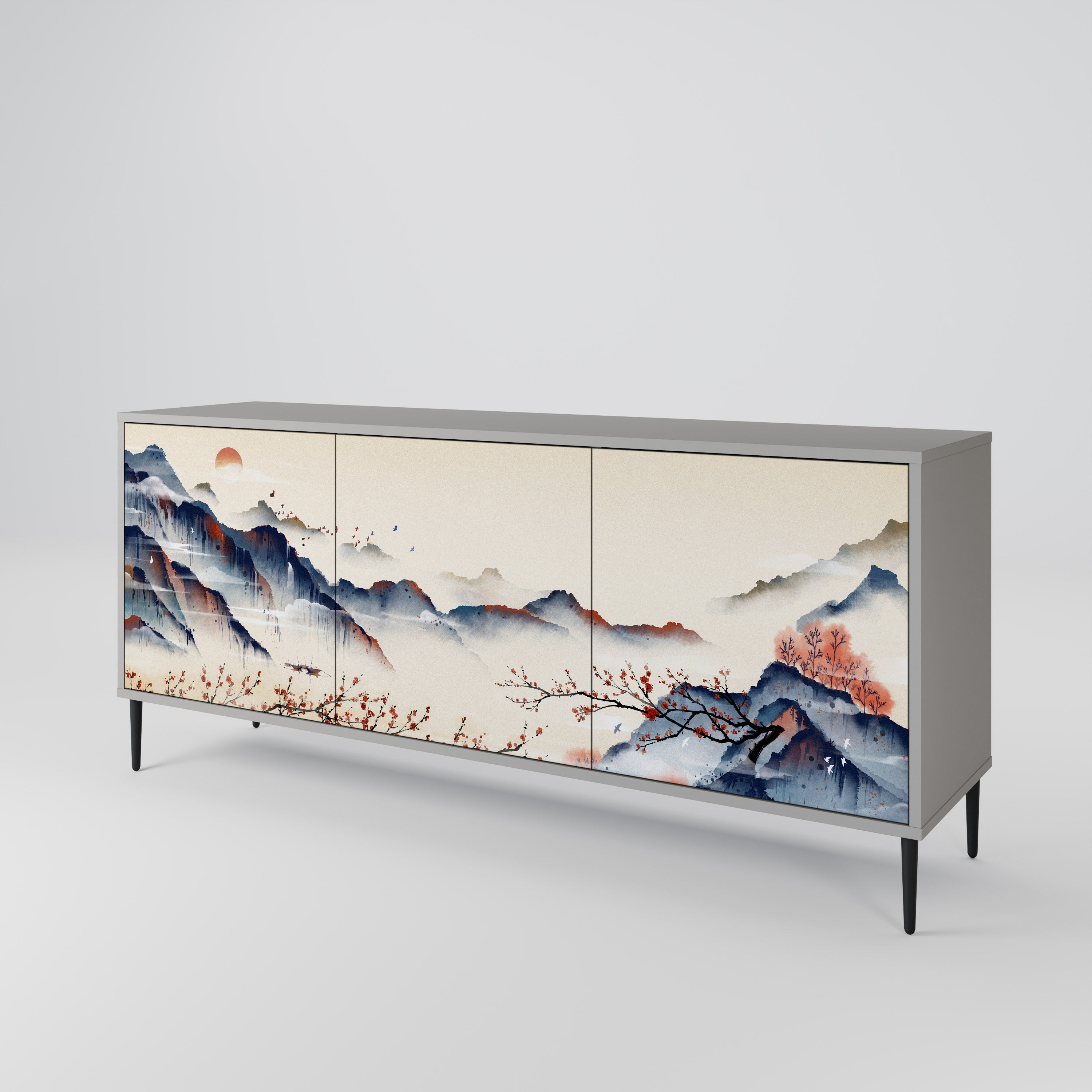 Aparador de 3 puertas con diseño de paisaje japonés en acabado gris