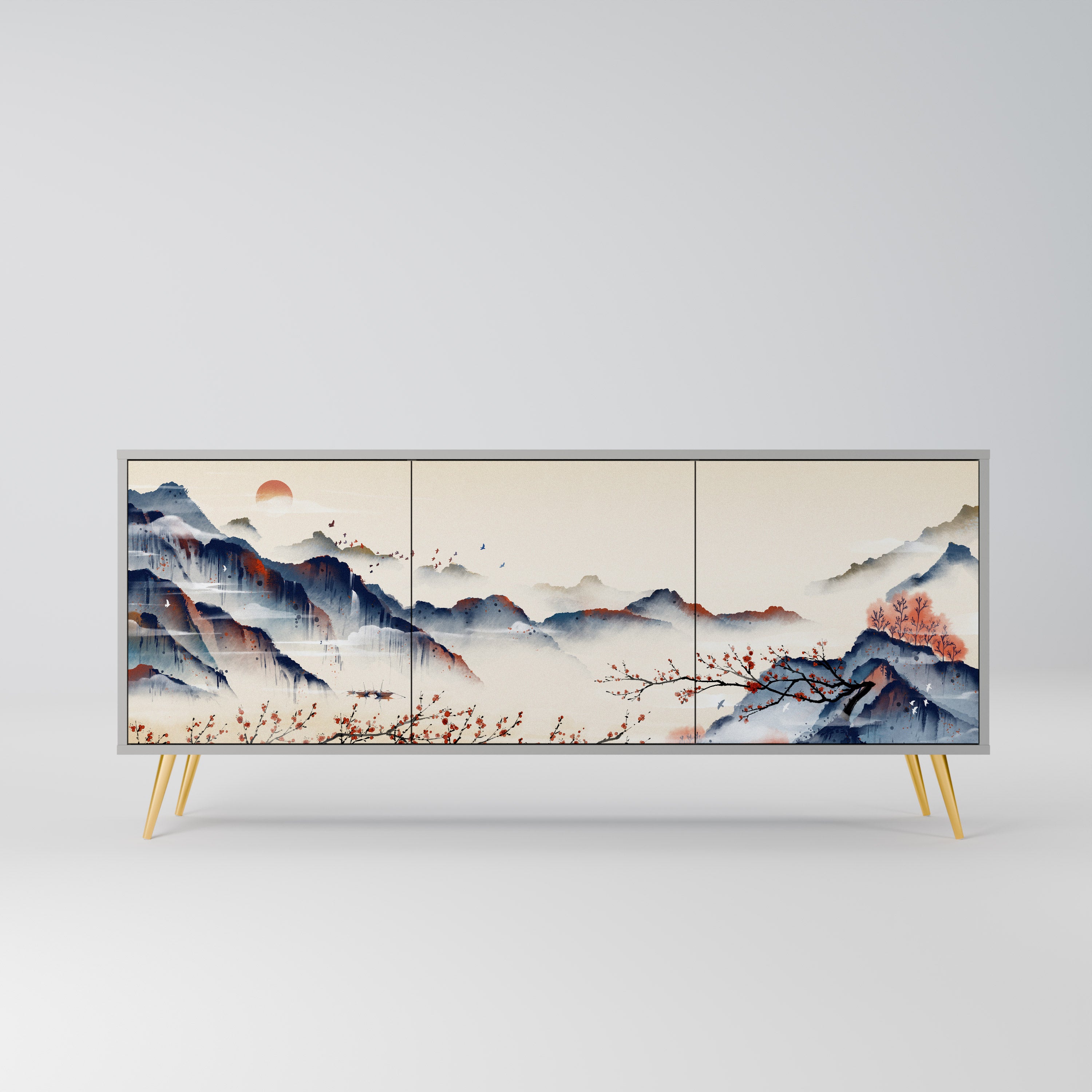 Aparador de 3 puertas con diseño de paisaje japonés en acabado gris