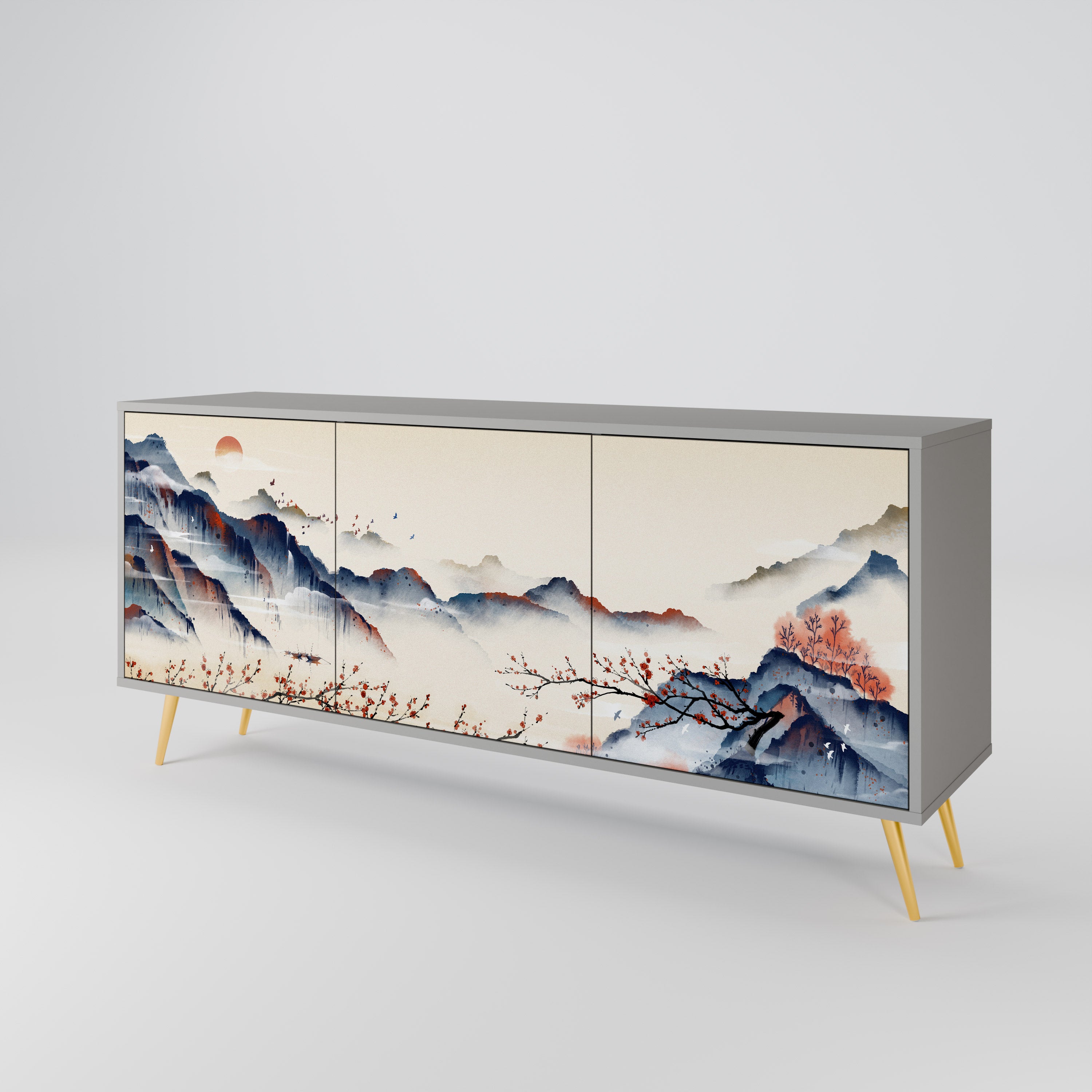 Aparador de 3 puertas con diseño de paisaje japonés en acabado gris