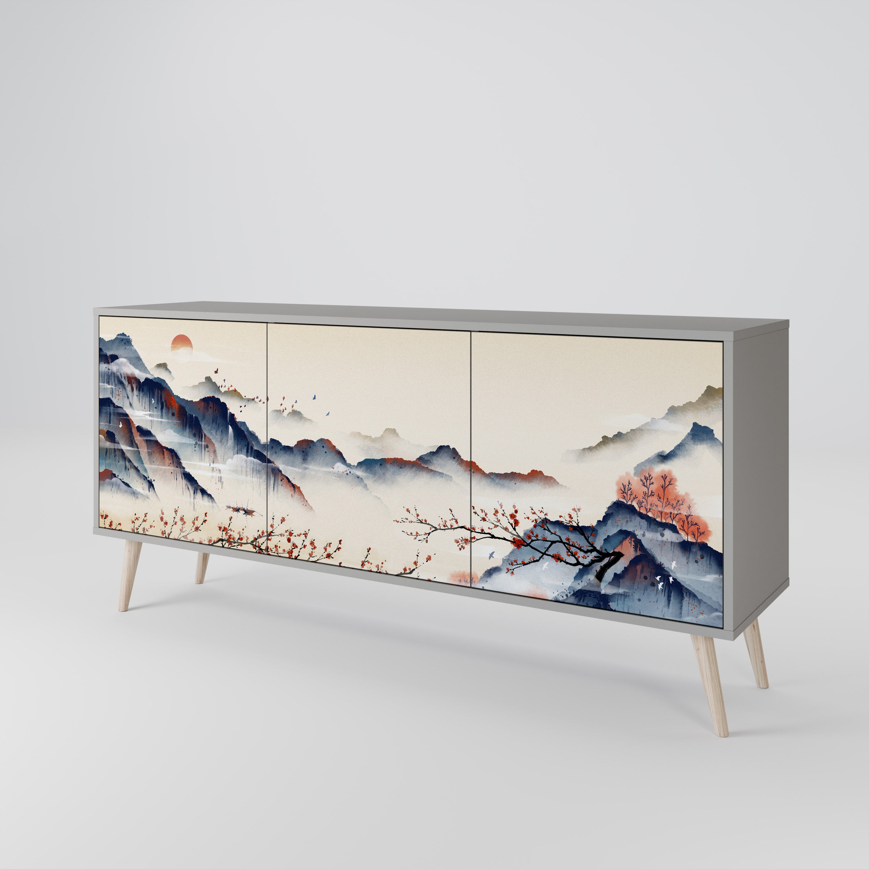 Aparador de 3 puertas con diseño de paisaje japonés en acabado gris