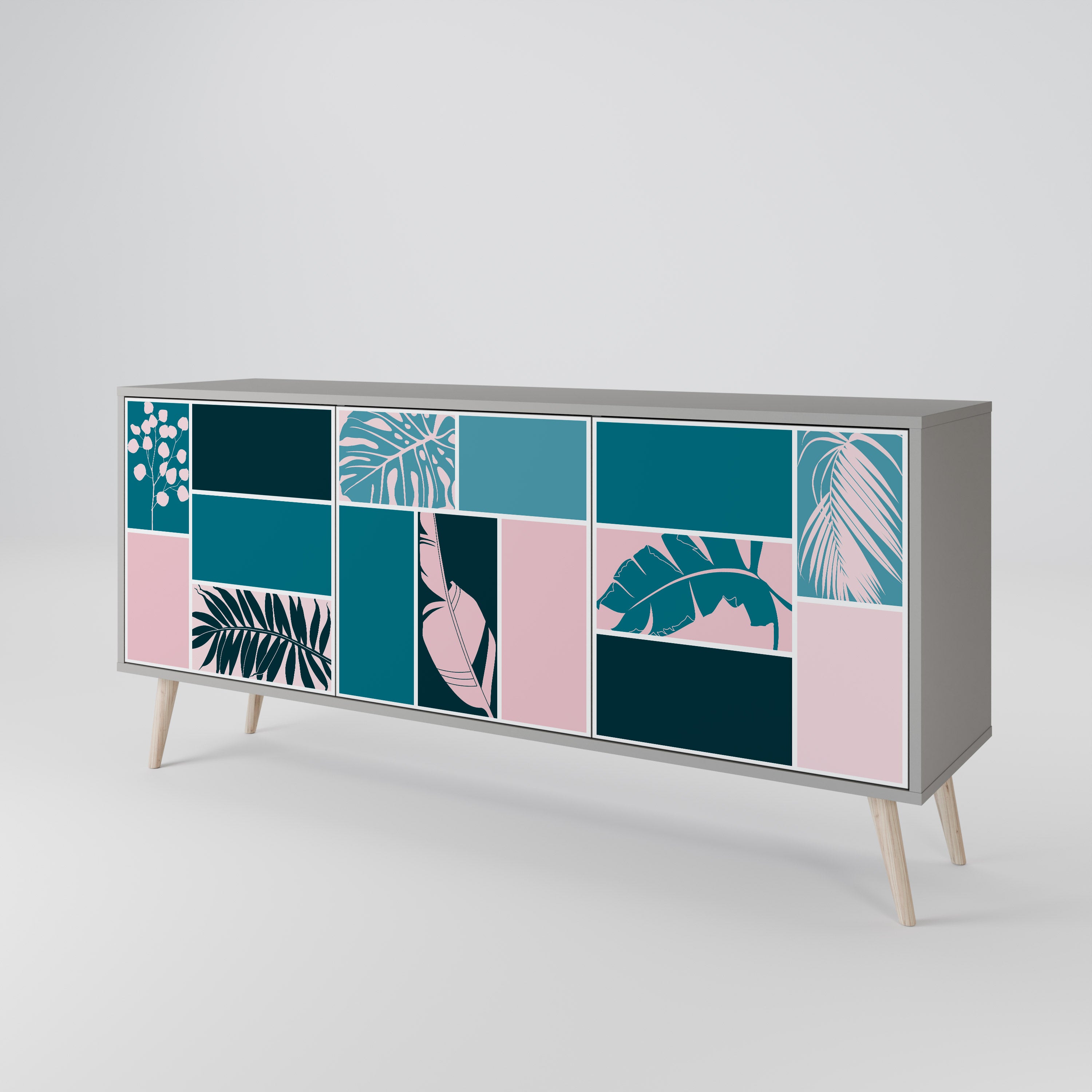 Aparador de 3 puertas en acabado gris COMBINACIÓN DE FORMAS