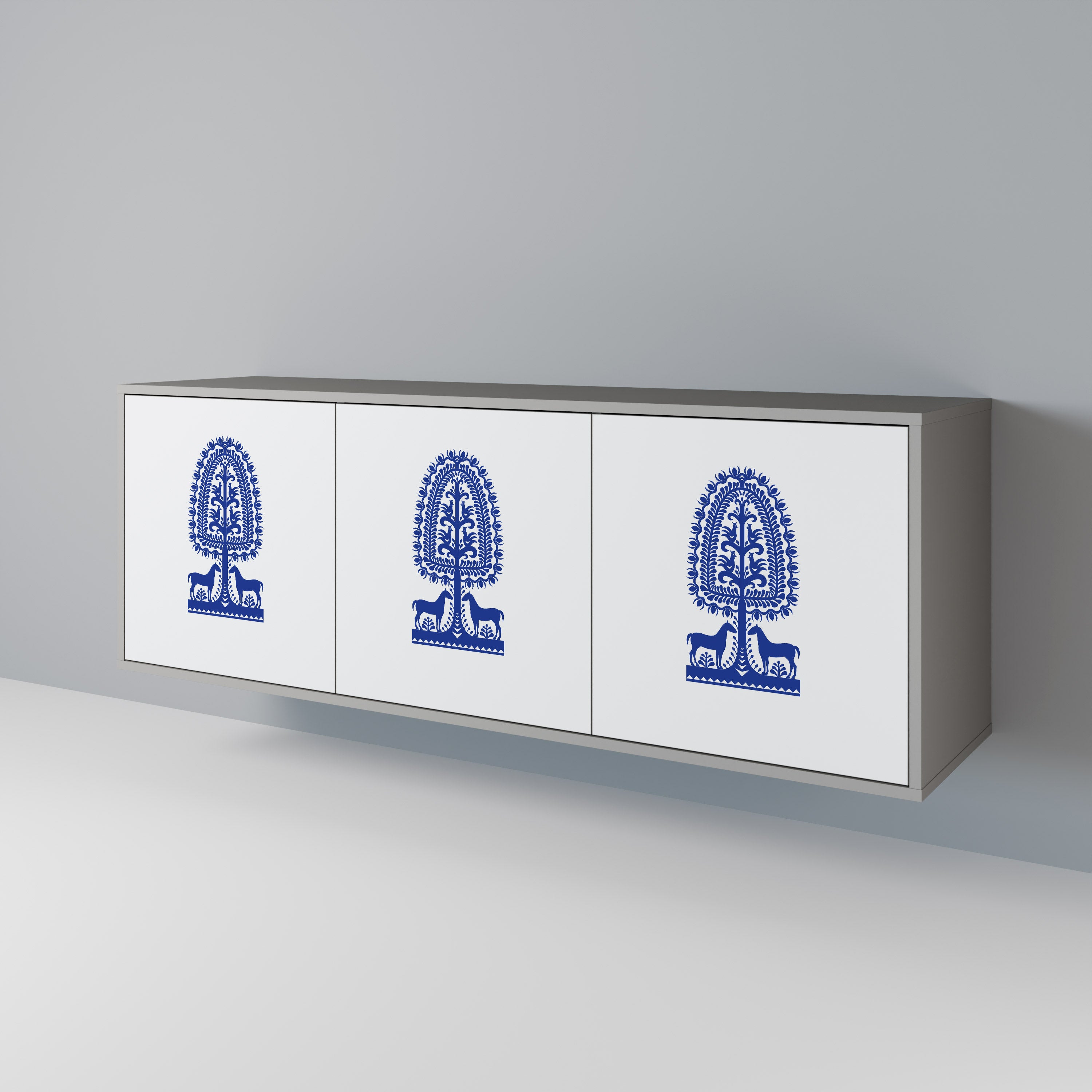Aparador de 3 puertas de arte popular polaco con acabado gris