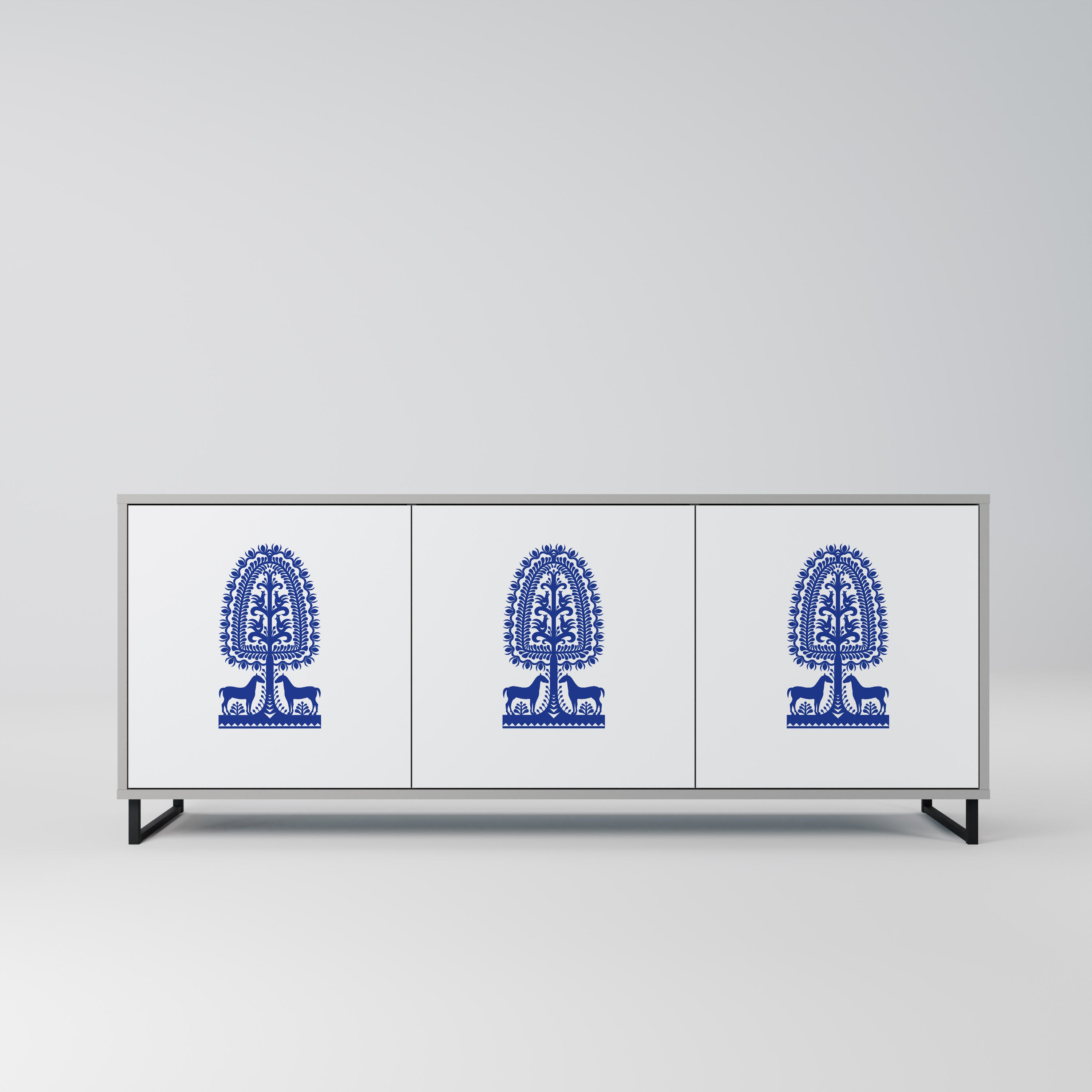 Aparador de 3 puertas de arte popular polaco con acabado gris