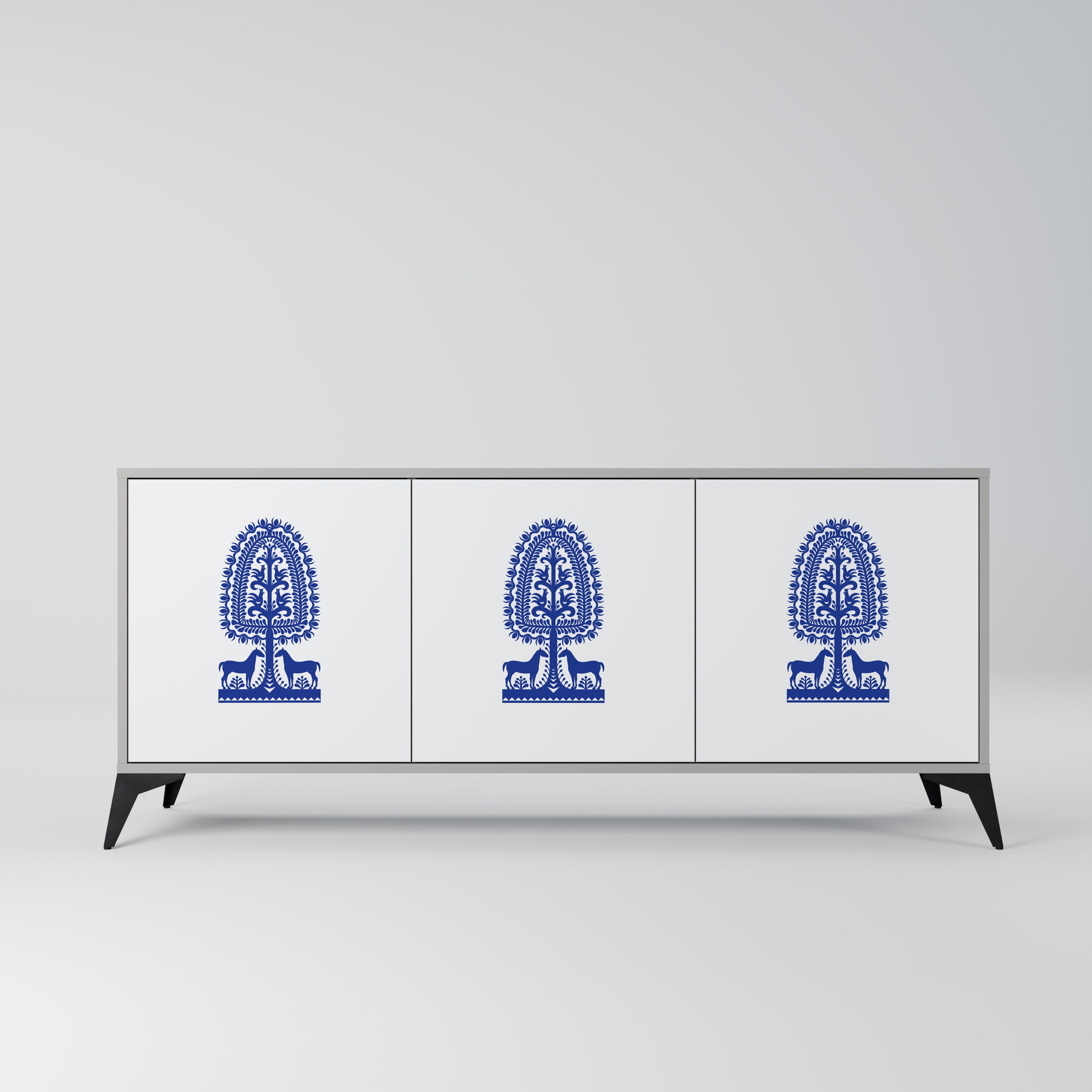 Aparador de 3 puertas de arte popular polaco con acabado gris