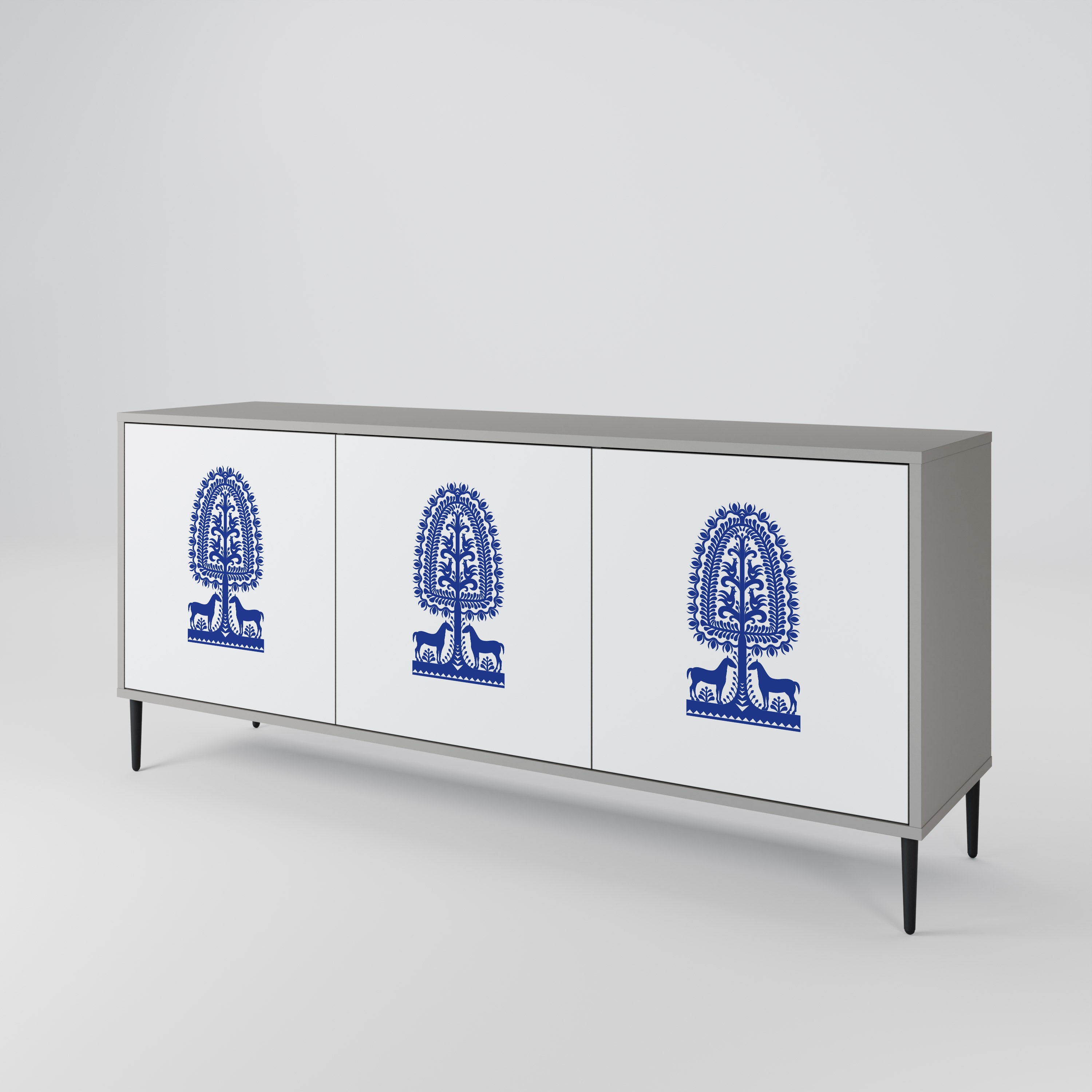 Aparador de 3 puertas de arte popular polaco con acabado gris
