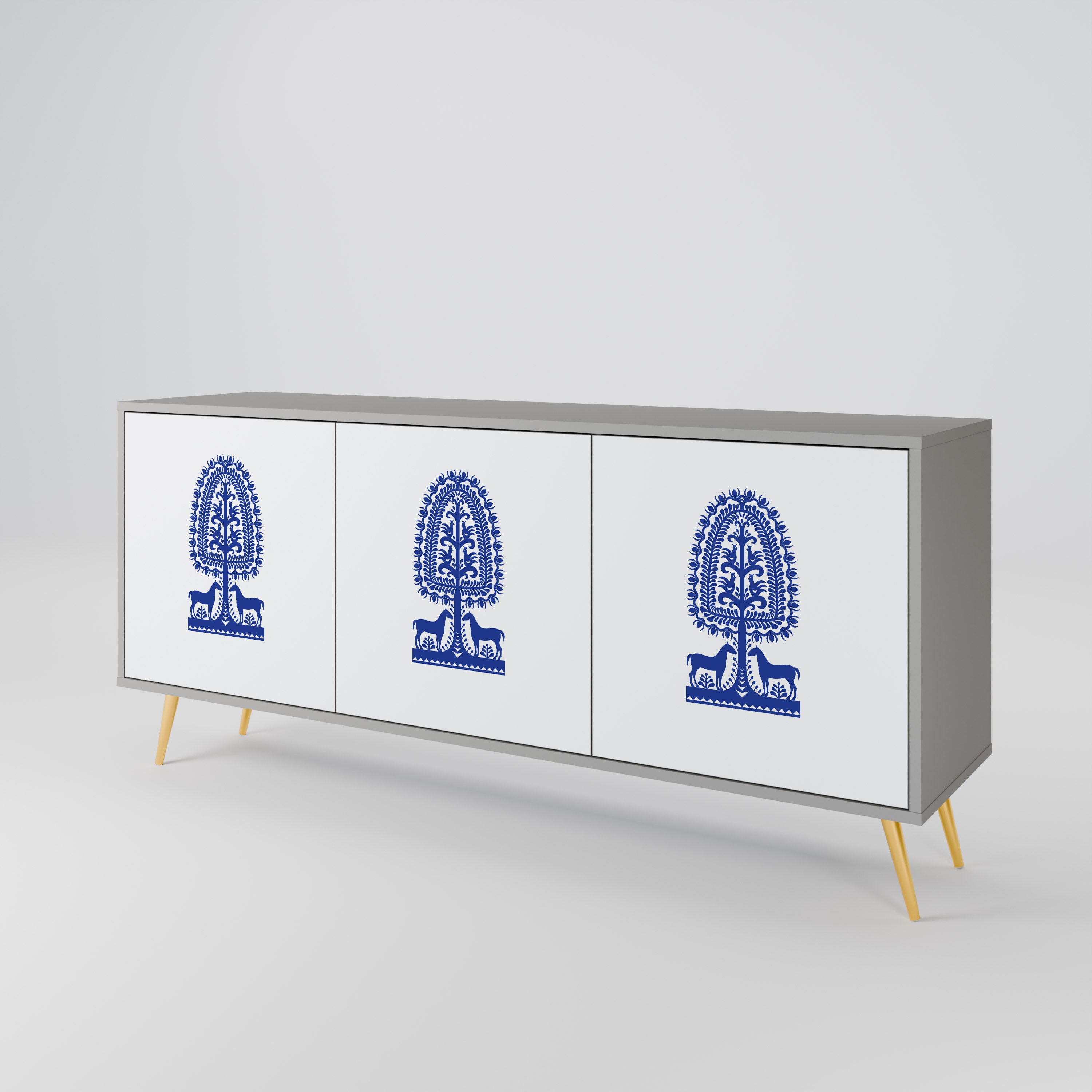 Aparador de 3 puertas de arte popular polaco con acabado gris