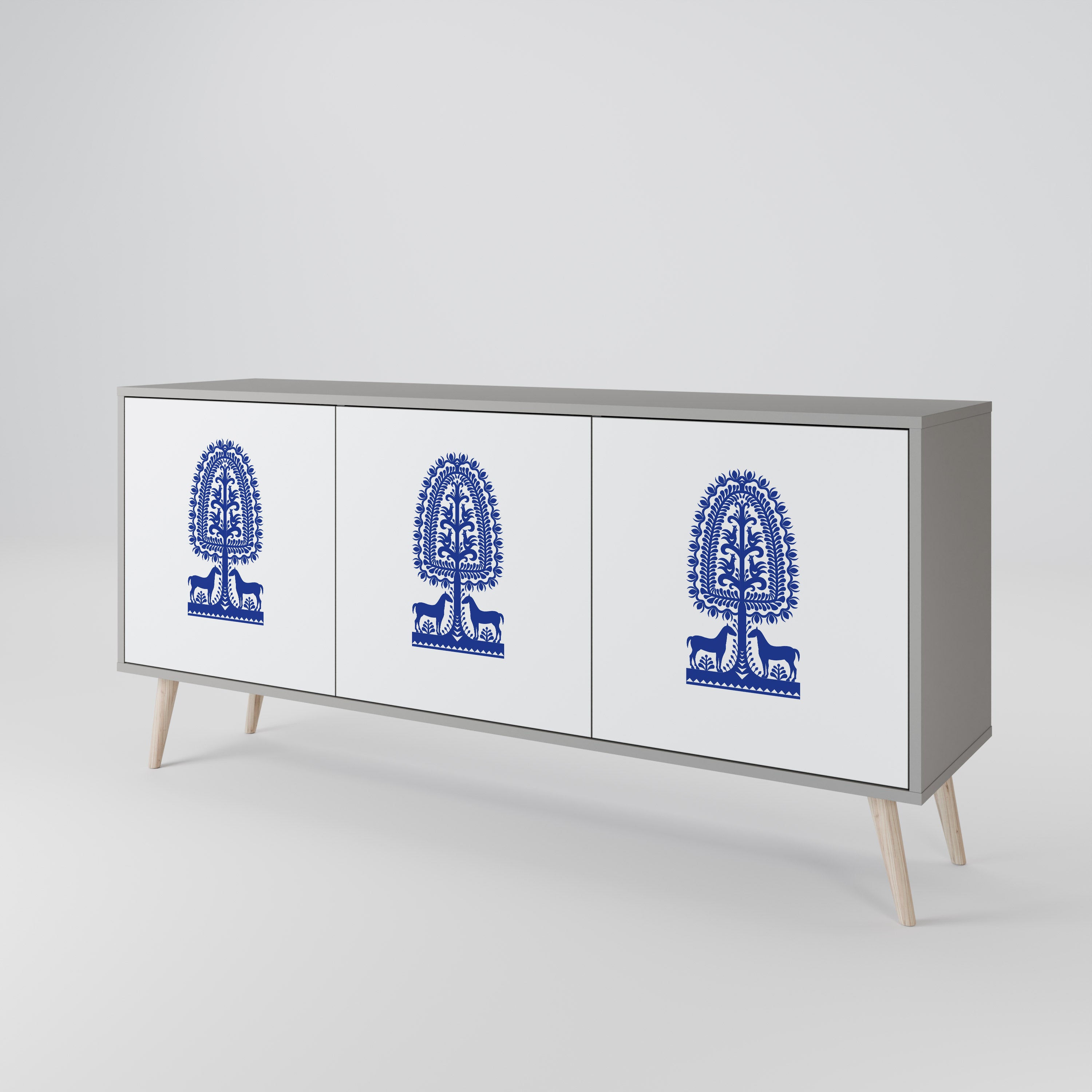 Aparador de 3 puertas de arte popular polaco con acabado gris