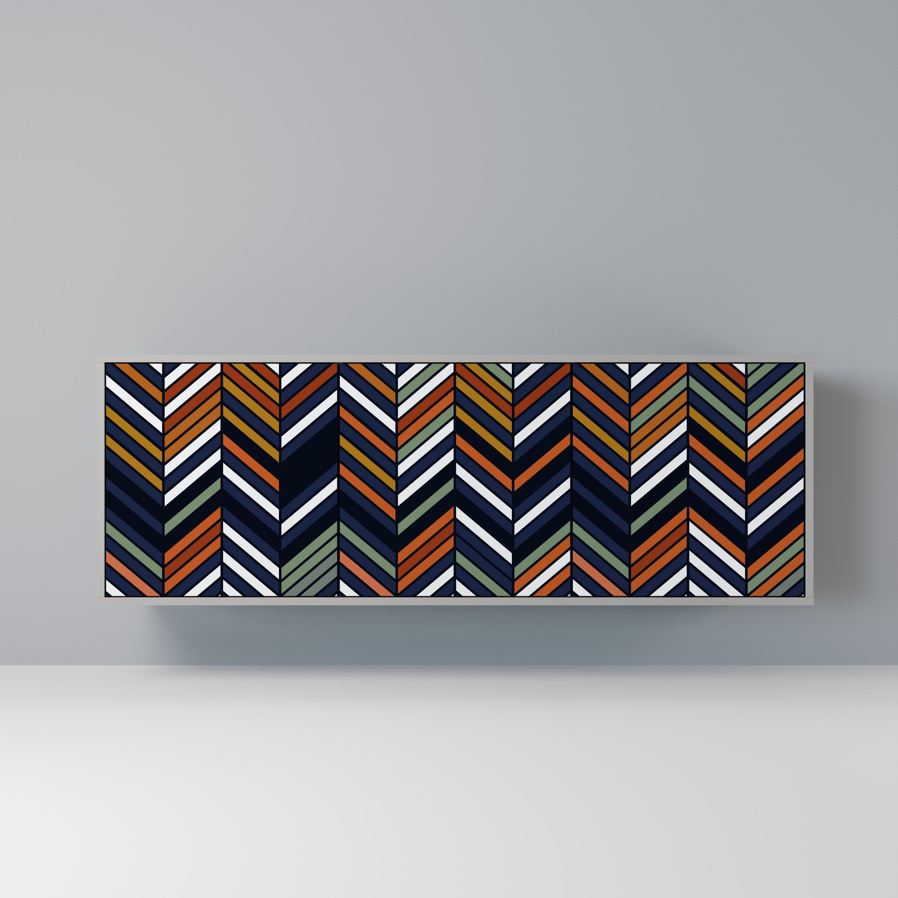 Aparador de 3 puertas con diseño de patchwork vibrante en acabado gris