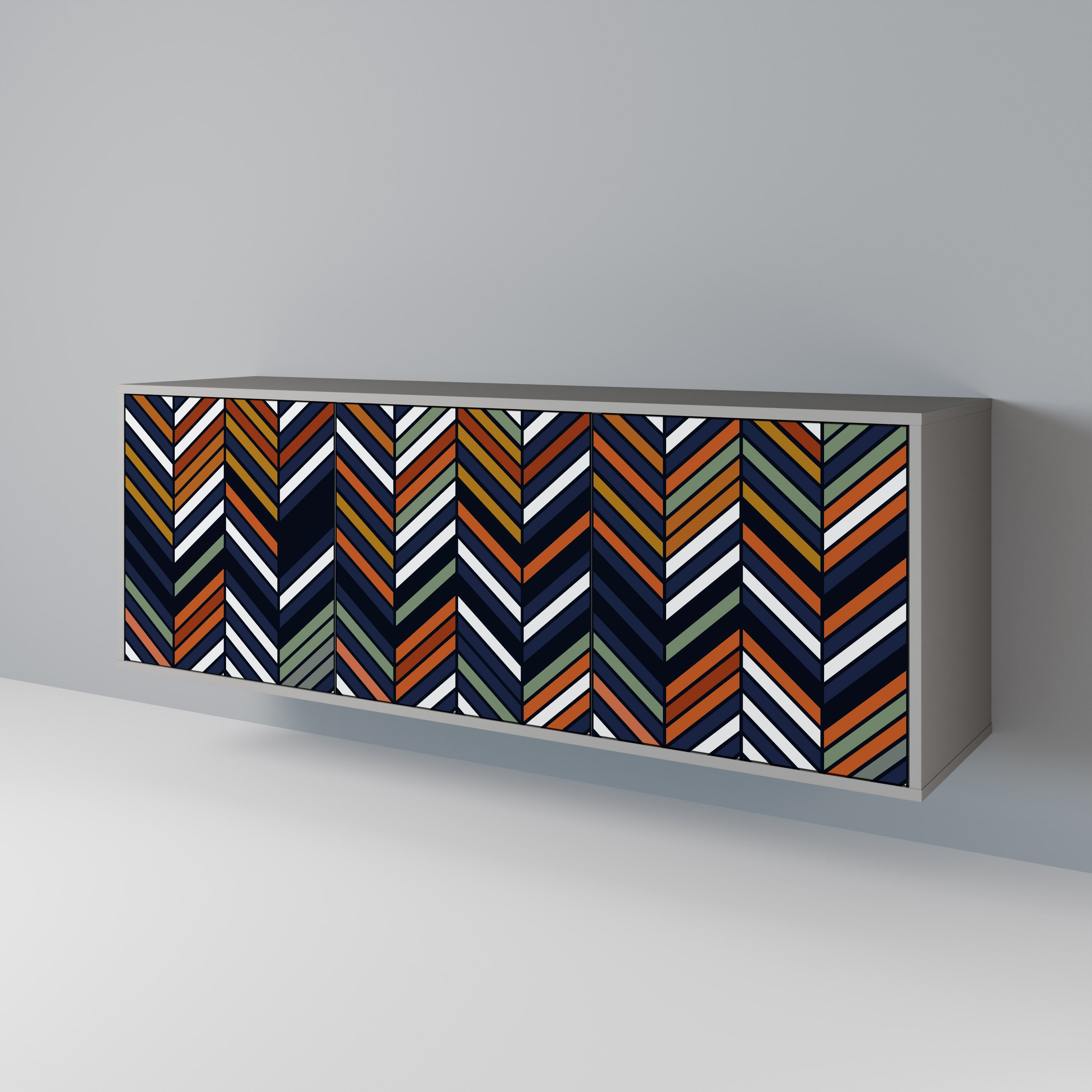 Aparador de 3 puertas con diseño de patchwork vibrante en acabado gris