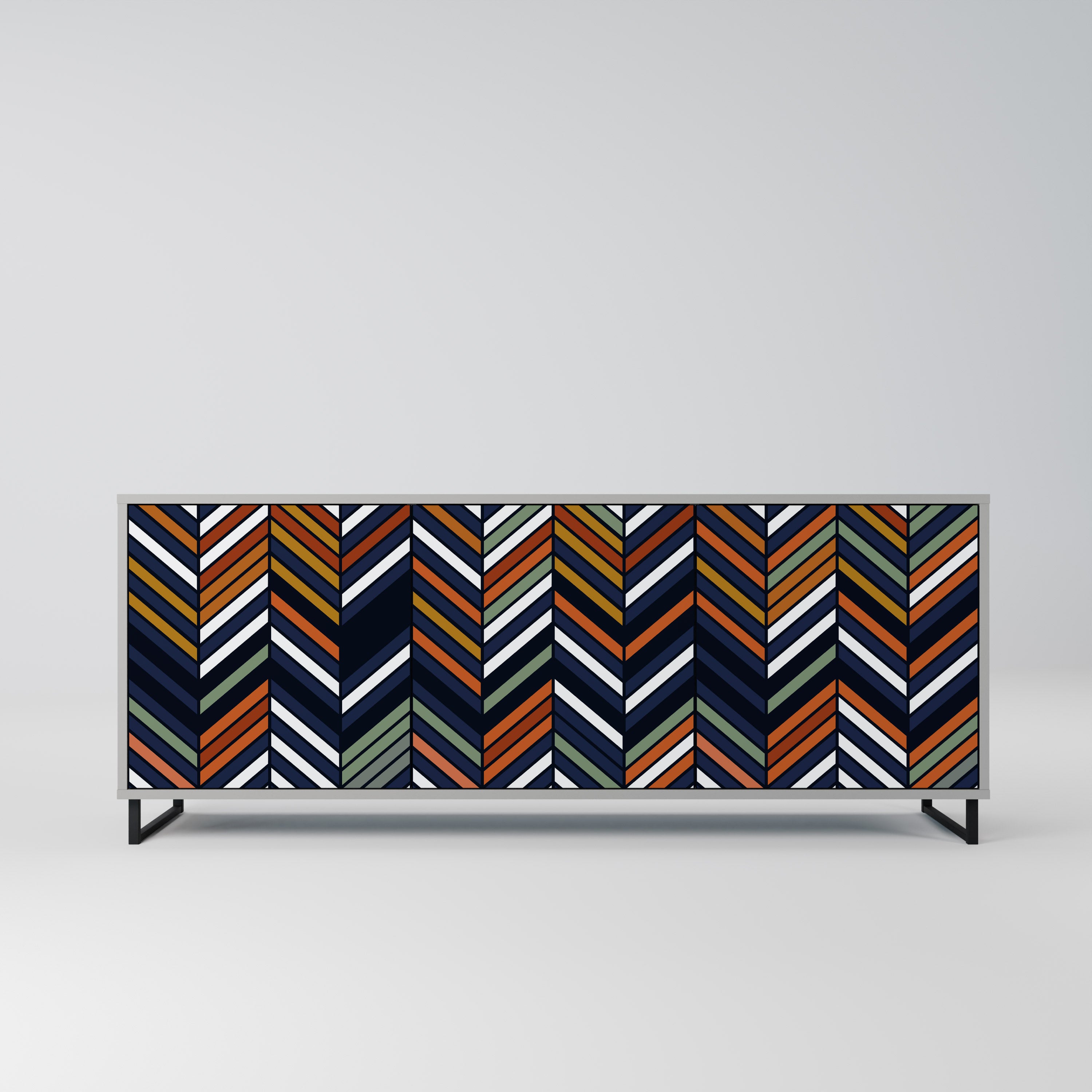 Aparador de 3 puertas con diseño de patchwork vibrante en acabado gris