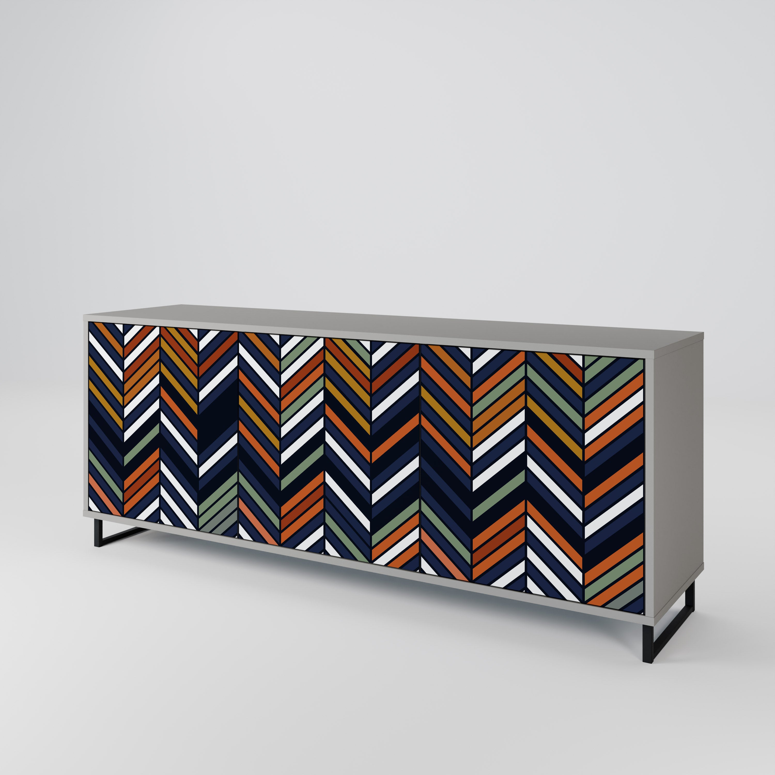 Aparador de 3 puertas con diseño de patchwork vibrante en acabado gris