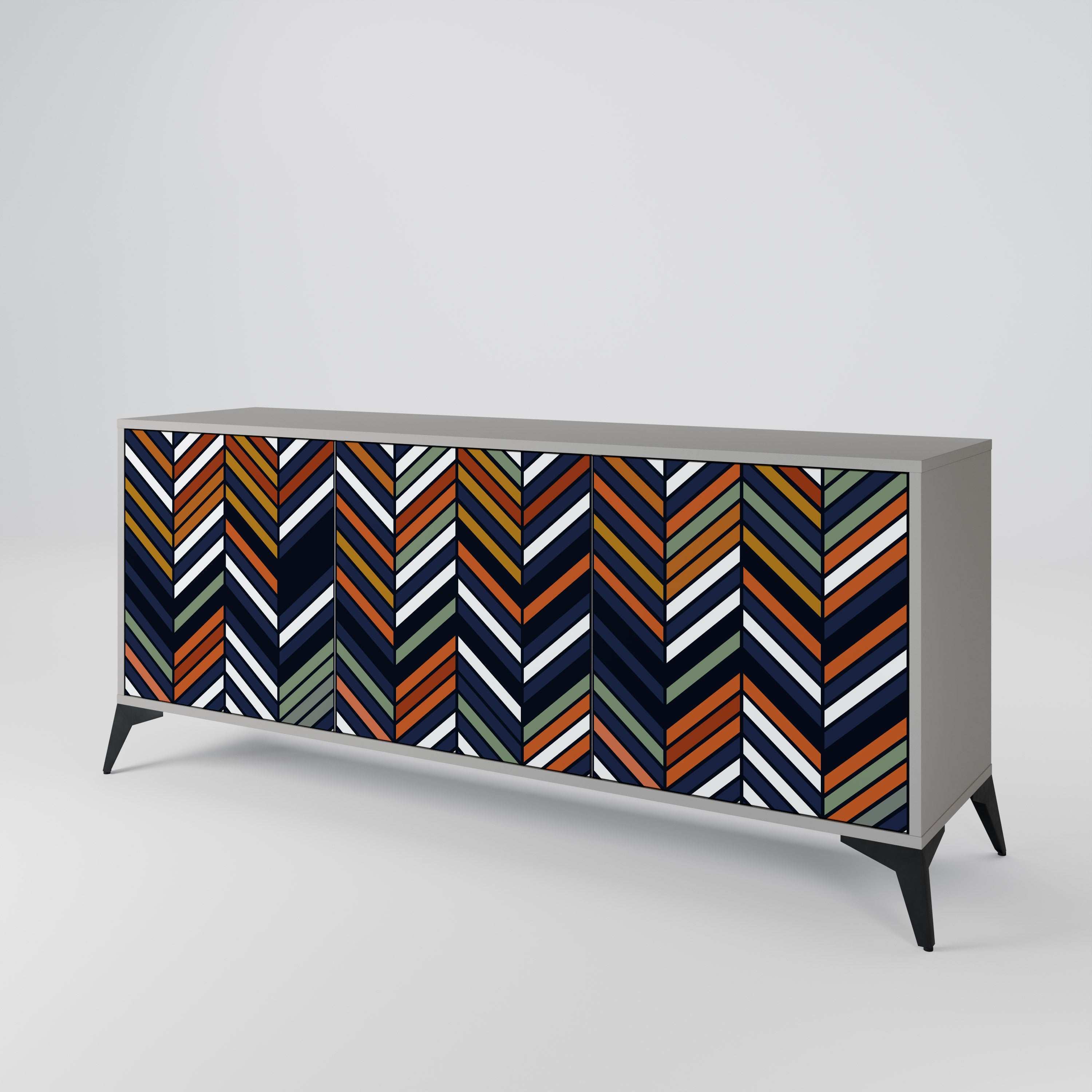 Aparador de 3 puertas con diseño de patchwork vibrante en acabado gris