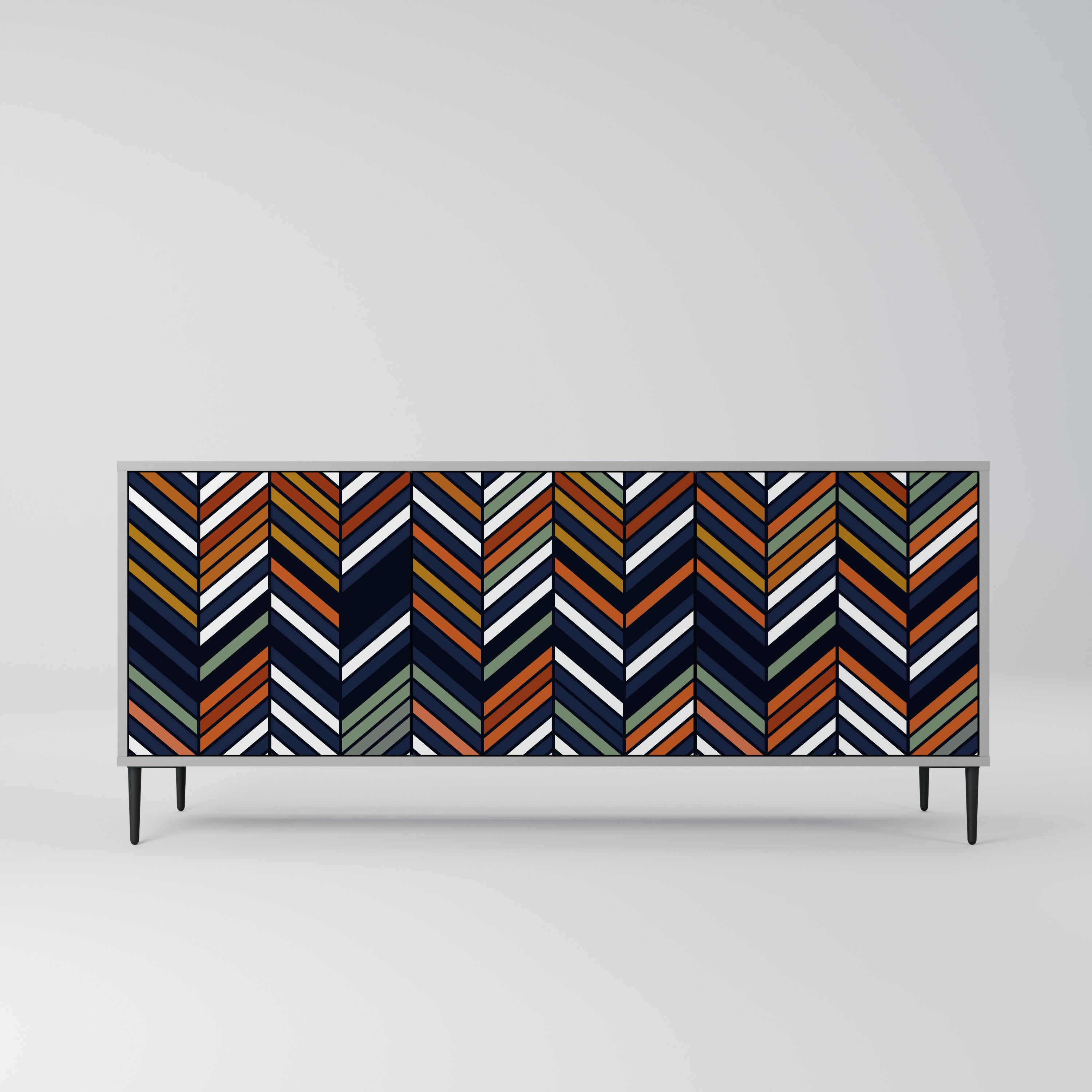 Aparador de 3 puertas con diseño de patchwork vibrante en acabado gris