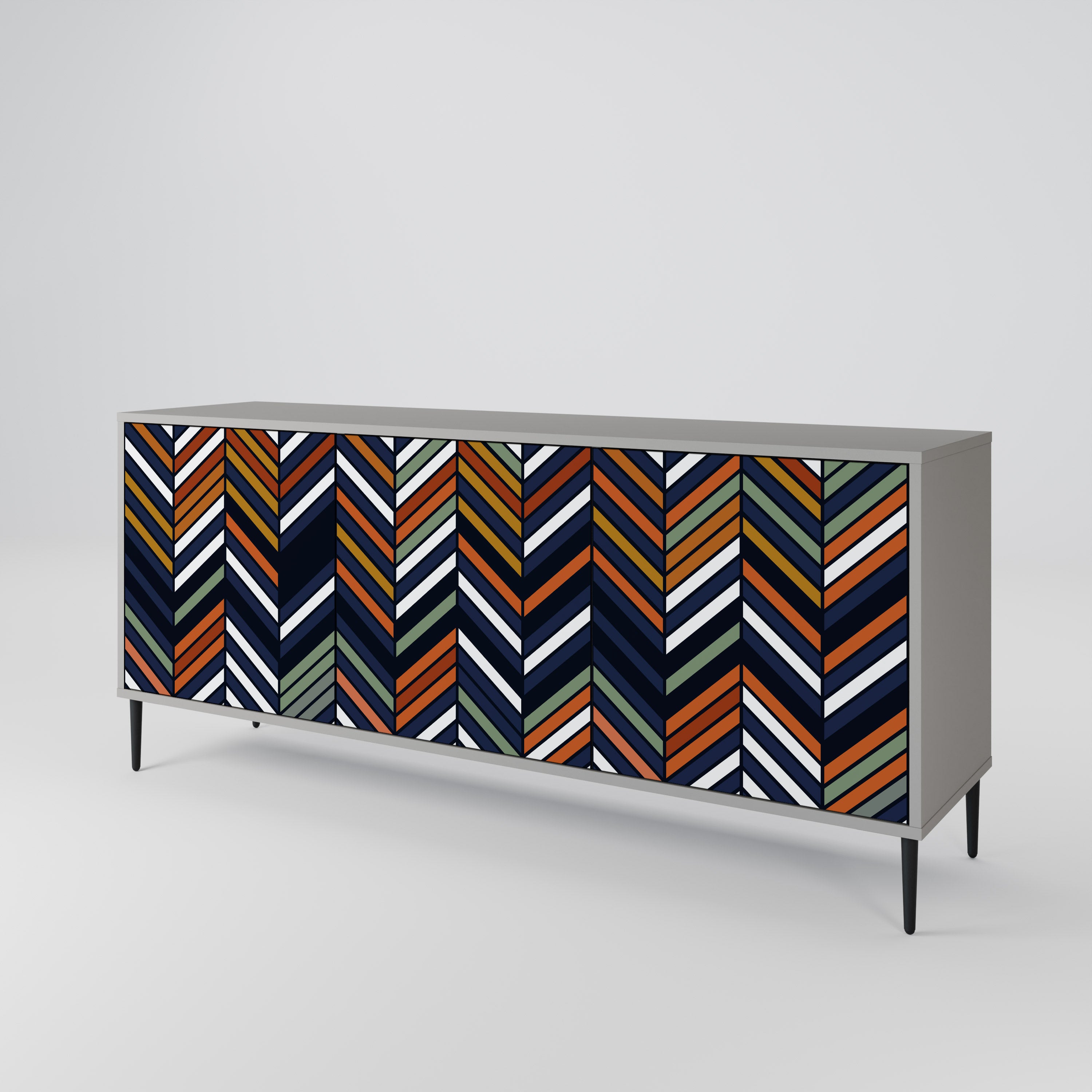 Aparador de 3 puertas con diseño de patchwork vibrante en acabado gris