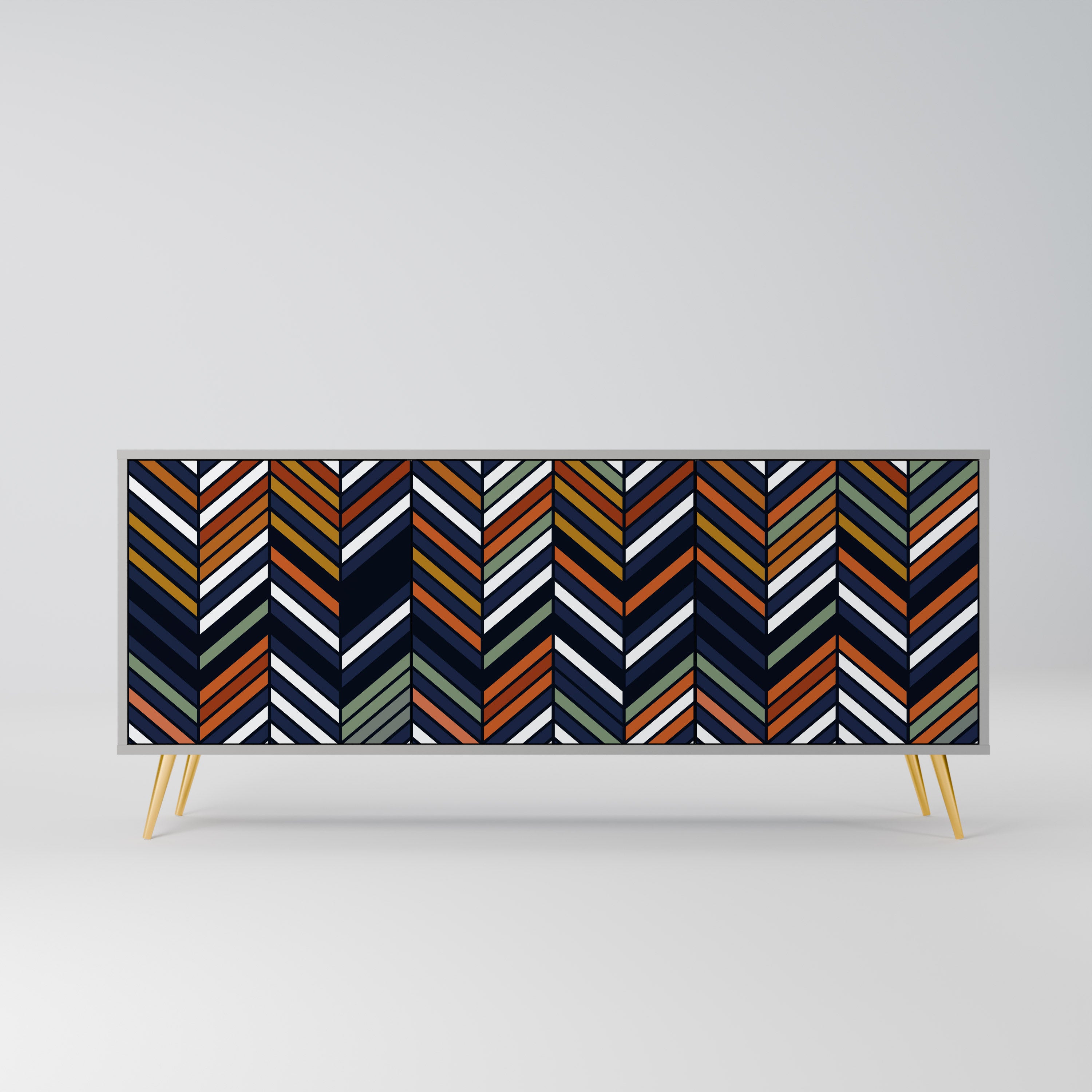 Aparador de 3 puertas con diseño de patchwork vibrante en acabado gris
