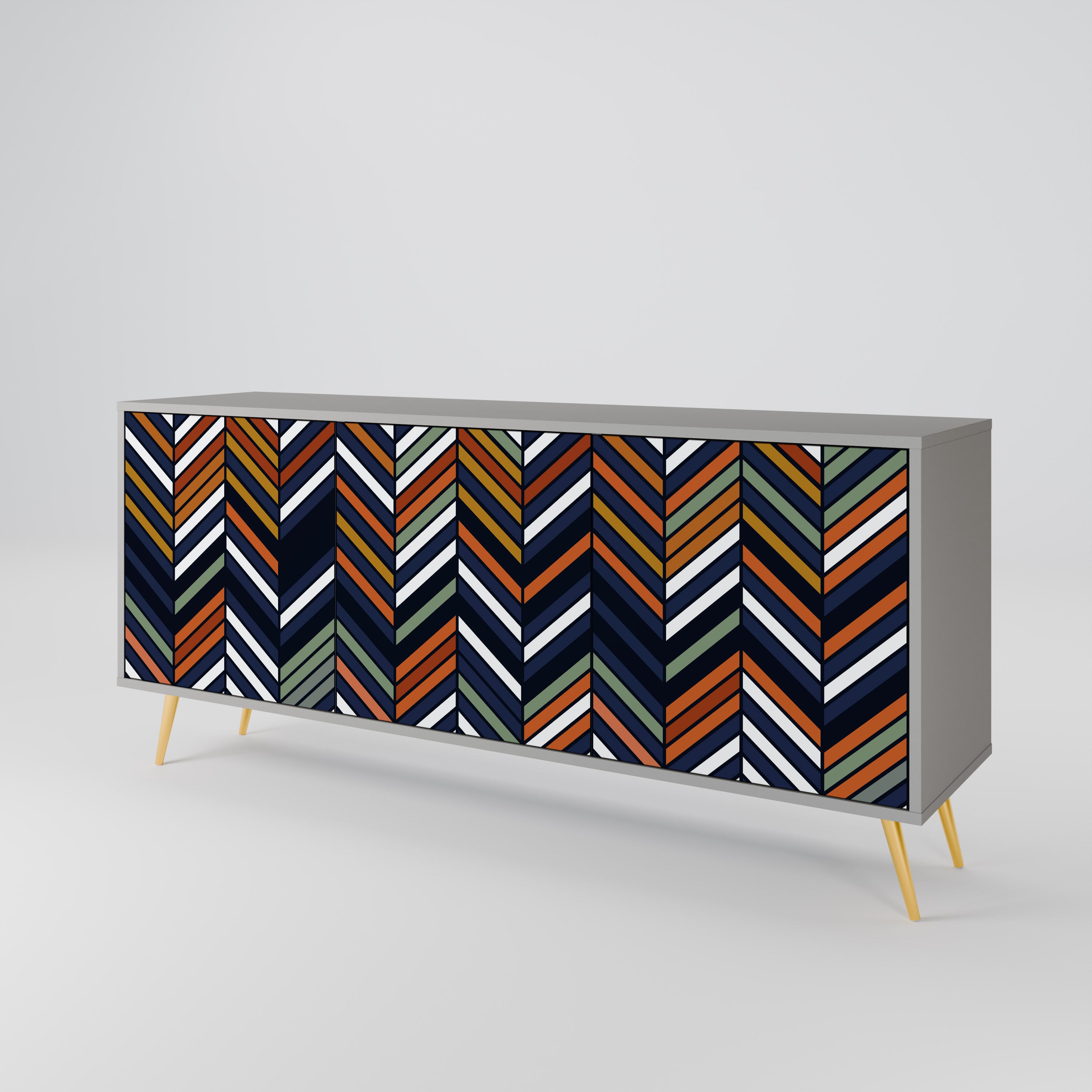 Aparador de 3 puertas con diseño de patchwork vibrante en acabado gris