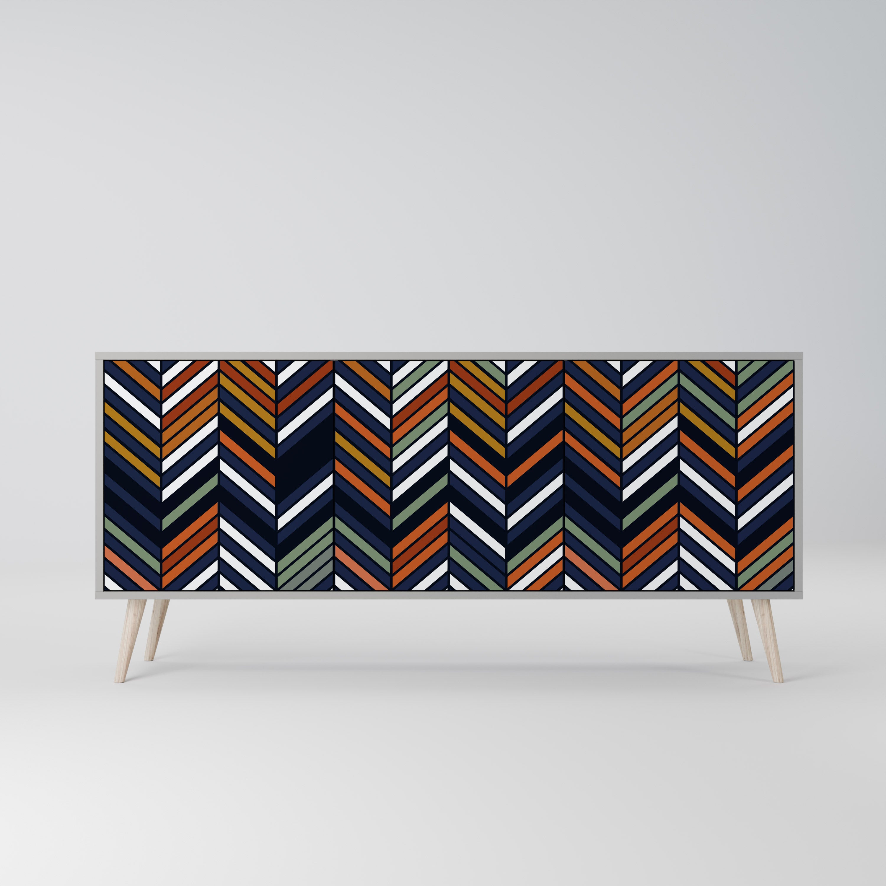Aparador de 3 puertas con diseño de patchwork vibrante en acabado gris