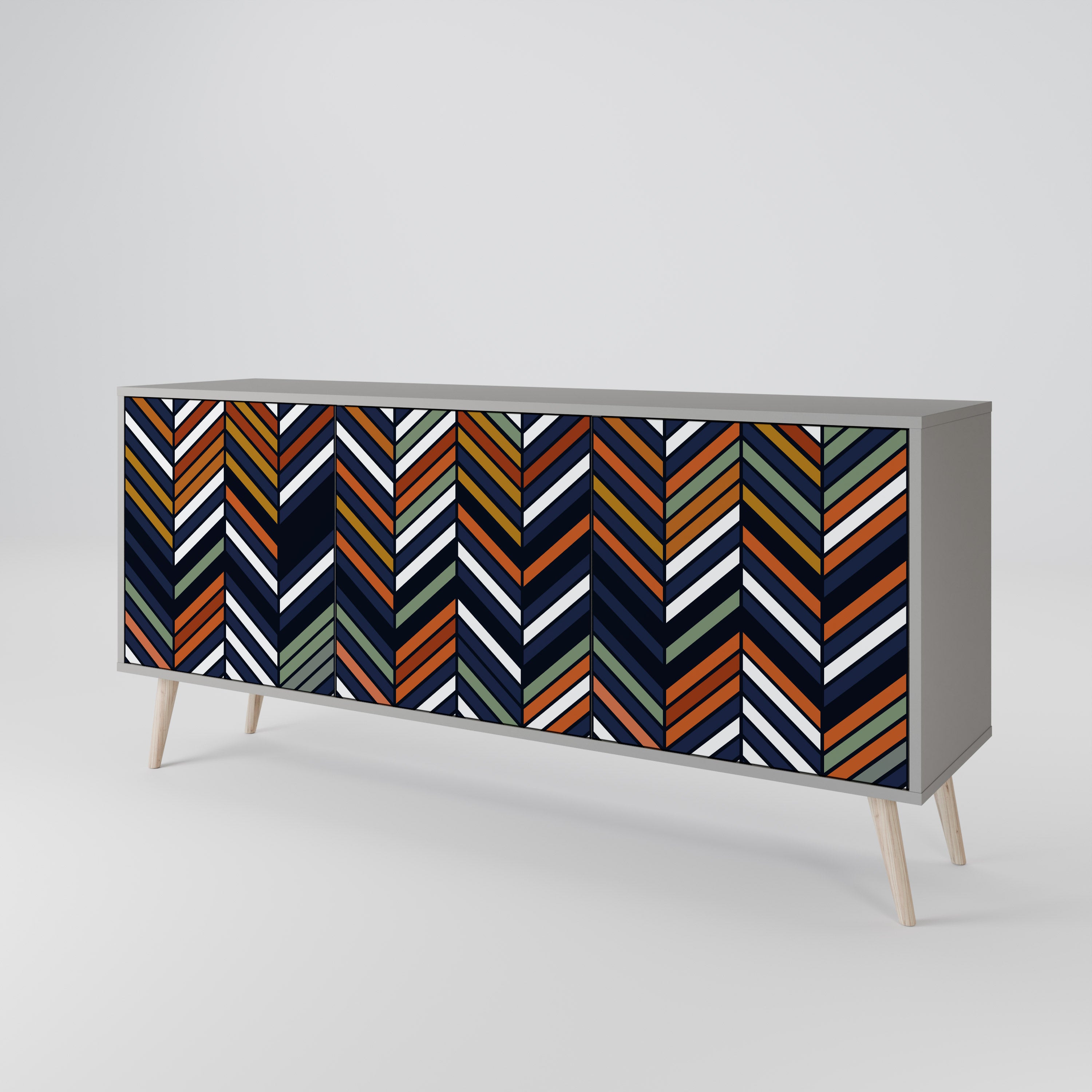 Aparador de 3 puertas con diseño de patchwork vibrante en acabado gris