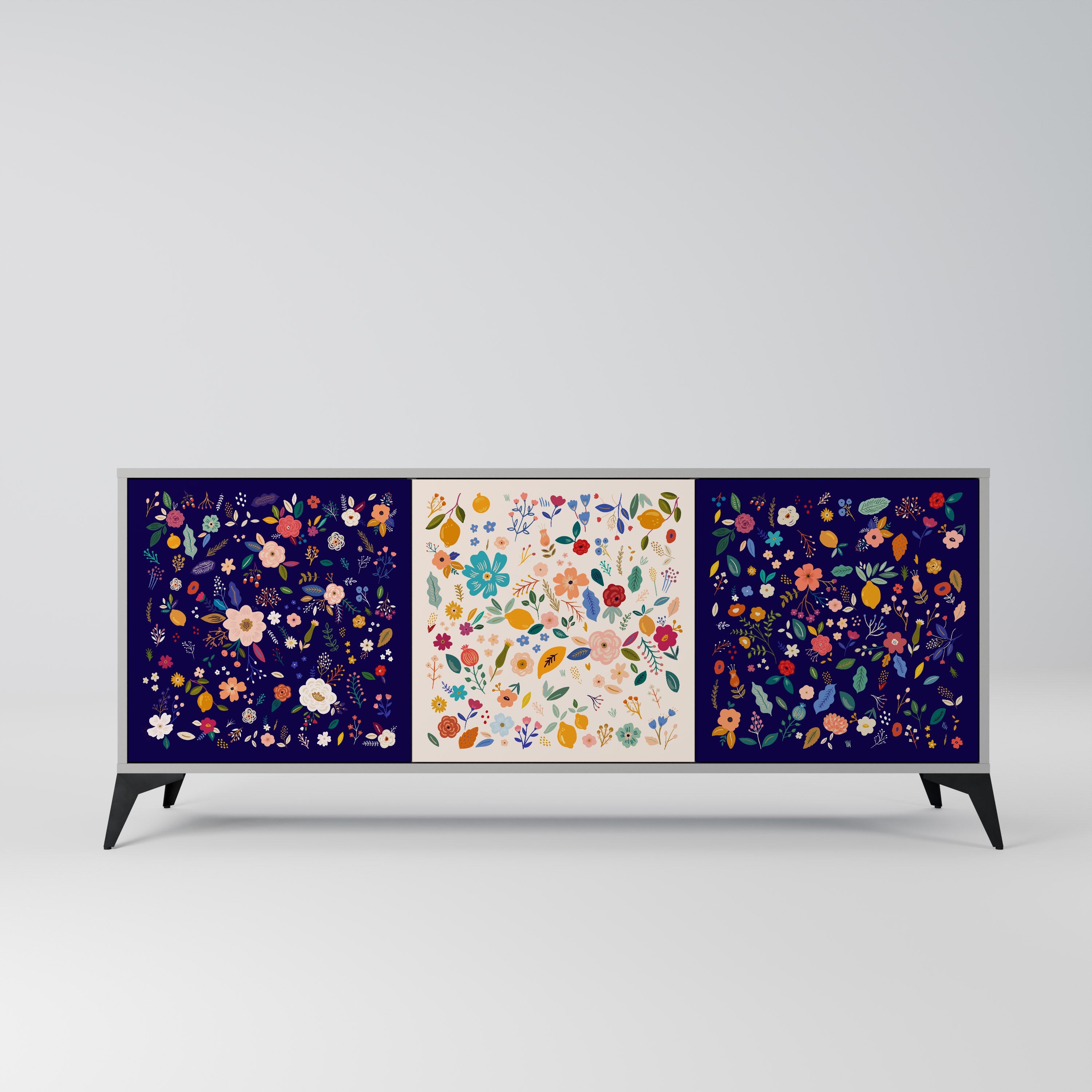 FLORAL COMBINATION 3-Door Sideboard in Grey Finish