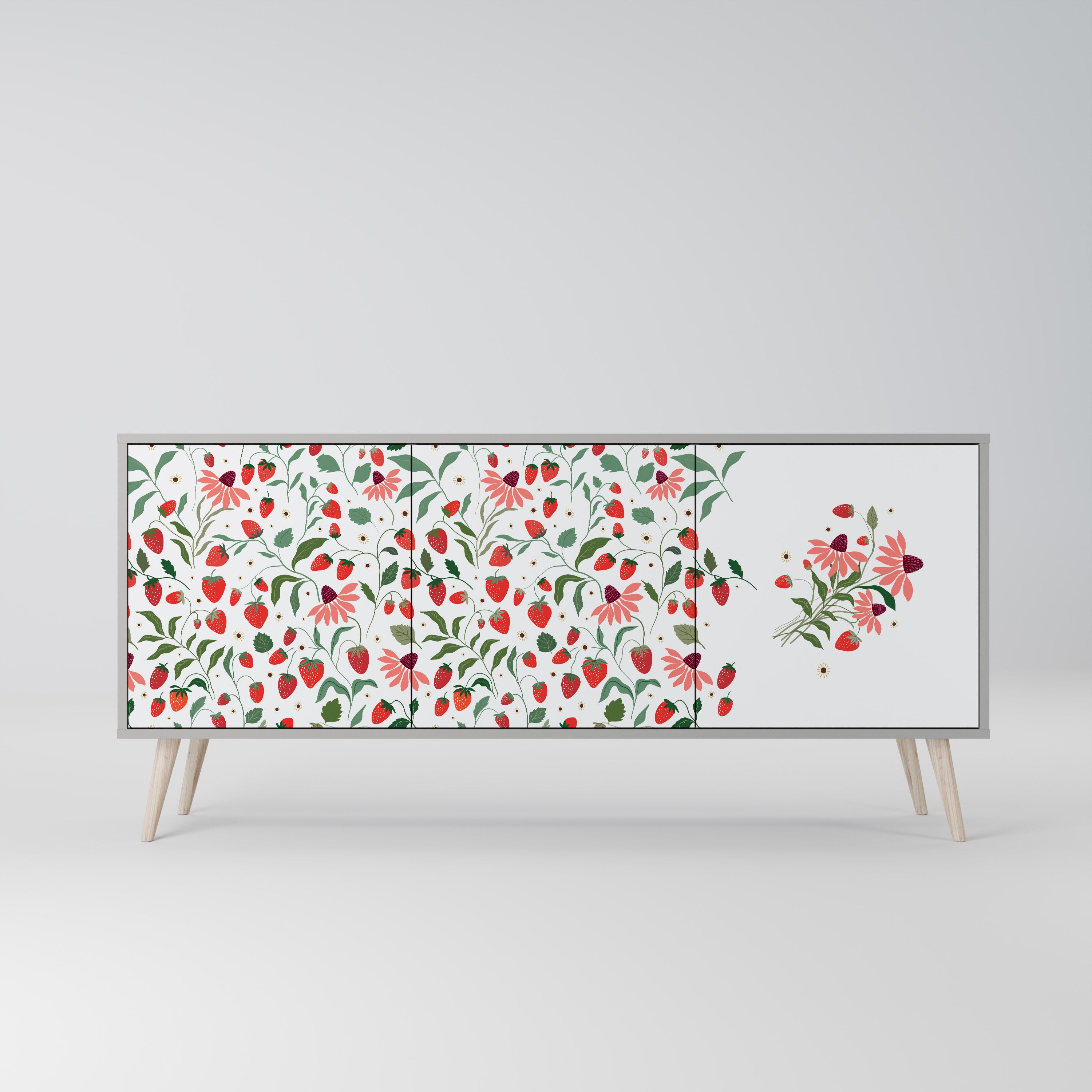 Aparador de 3 puertas FLORES Y FRESAS en acabado gris
