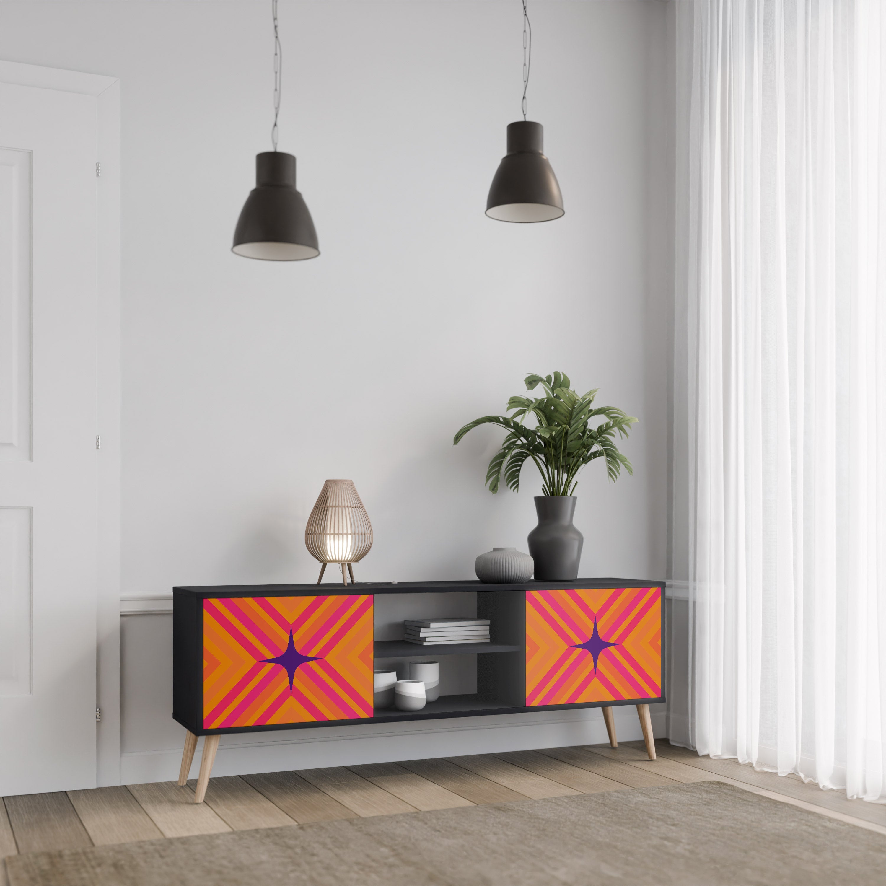Mueble de TV de 2 puertas GEOMETRIC BRILLIANCE en acabado negro