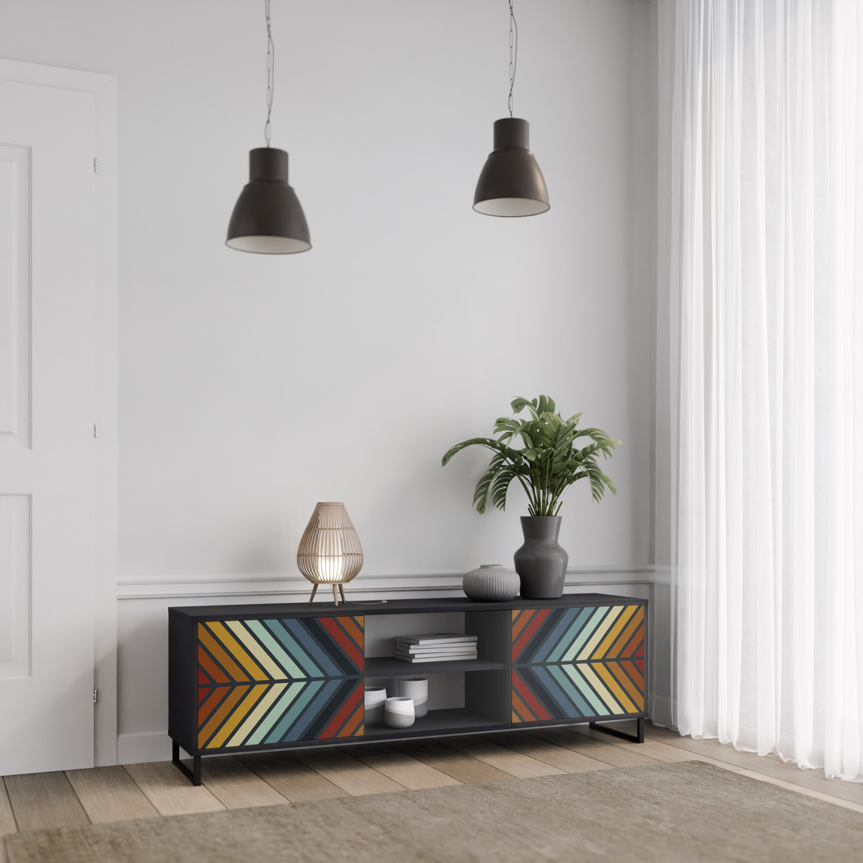 Mueble de TV INDIGENOUS ZIGZAG de 2 puertas con acabado negro