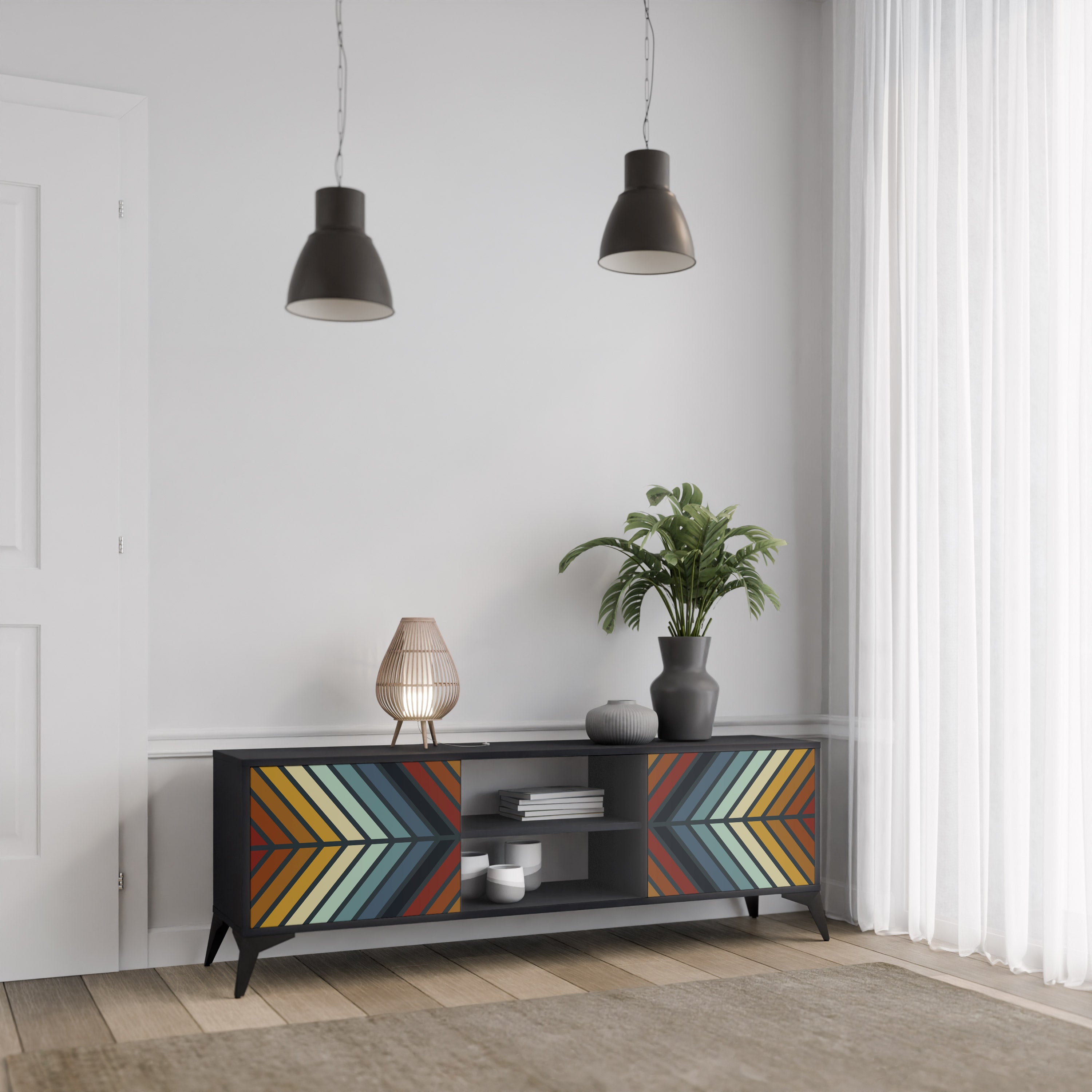 Mueble de TV INDIGENOUS ZIGZAG de 2 puertas con acabado negro