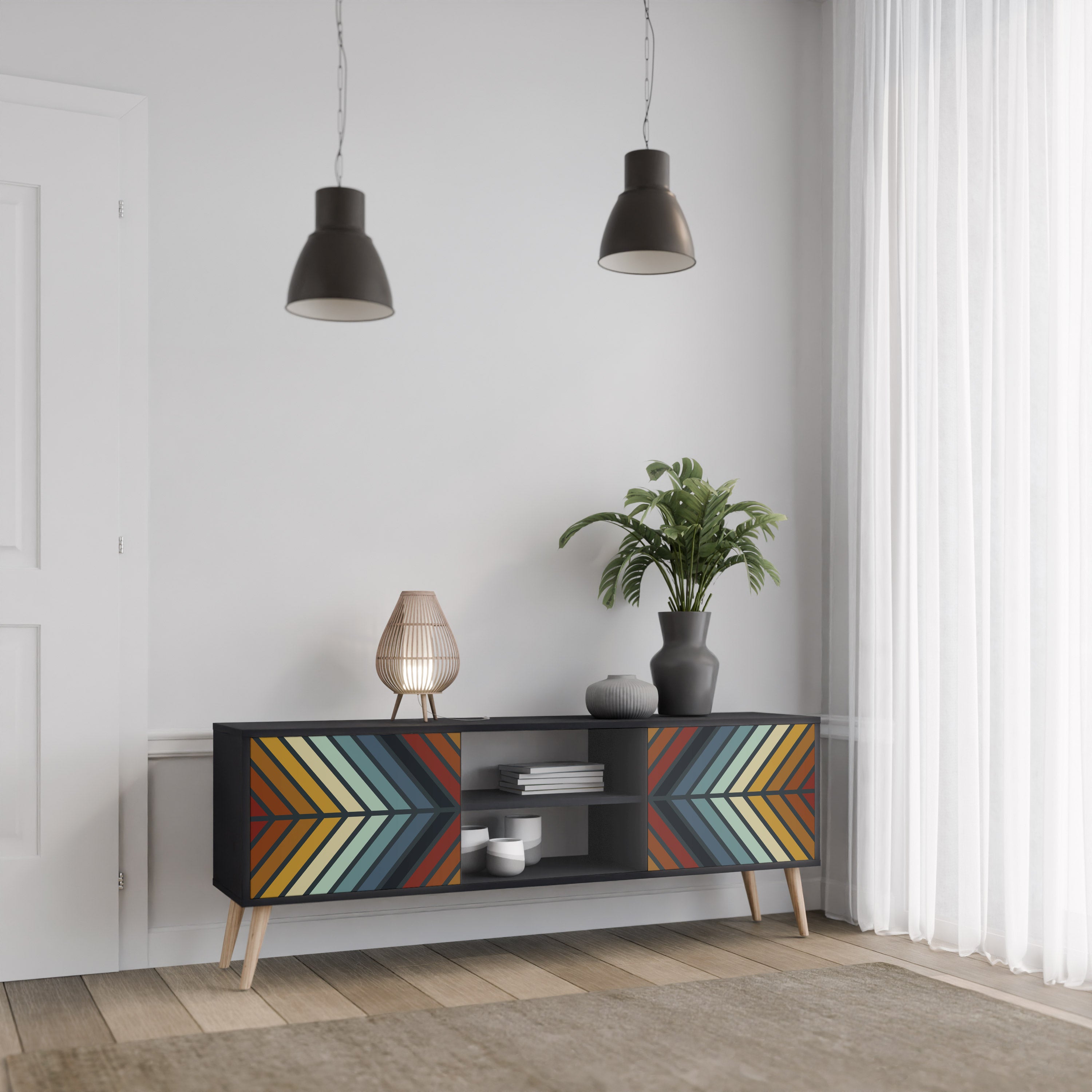 Mueble de TV INDIGENOUS ZIGZAG de 2 puertas con acabado negro