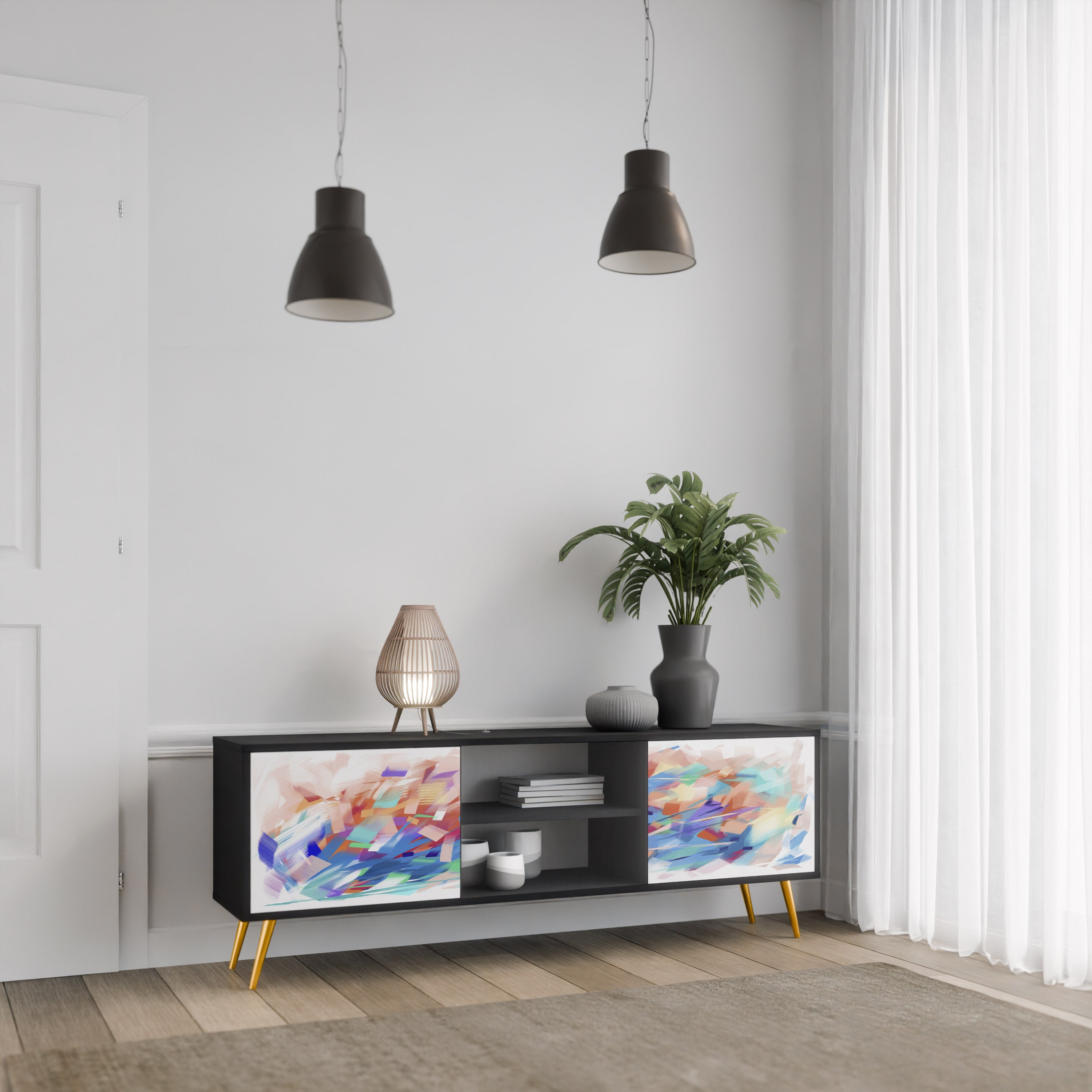 Mueble de TV de 2 puertas FINESSE MASH-UP con acabado negro