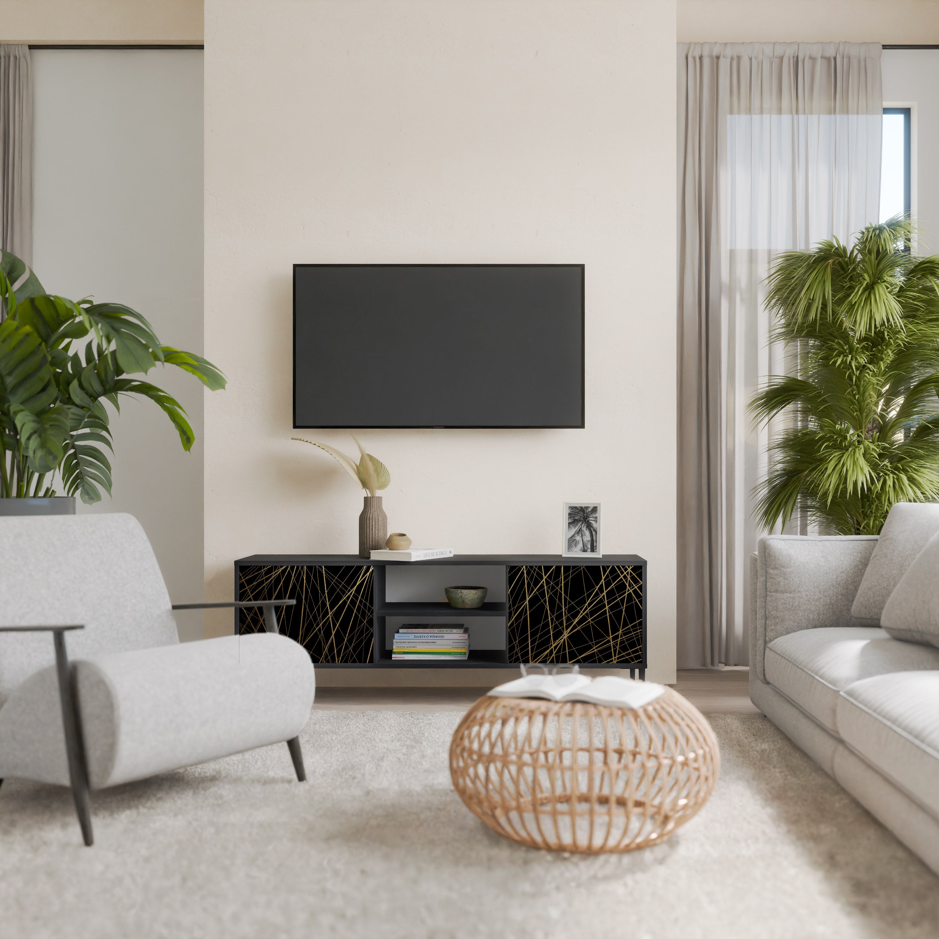 Mueble para TV de 2 puertas BRIGHT MESH con acabado negro