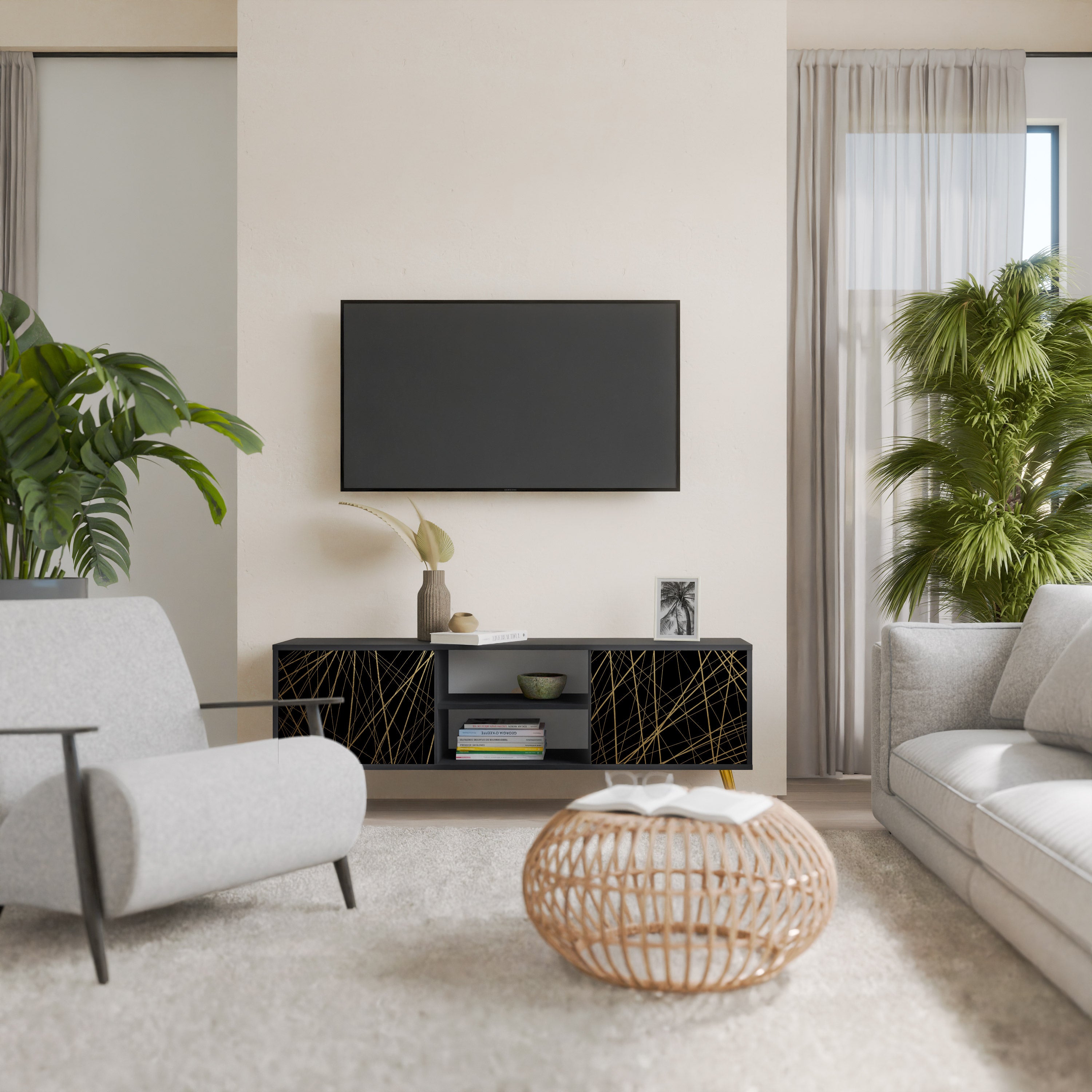 Mueble para TV de 2 puertas BRIGHT MESH con acabado negro