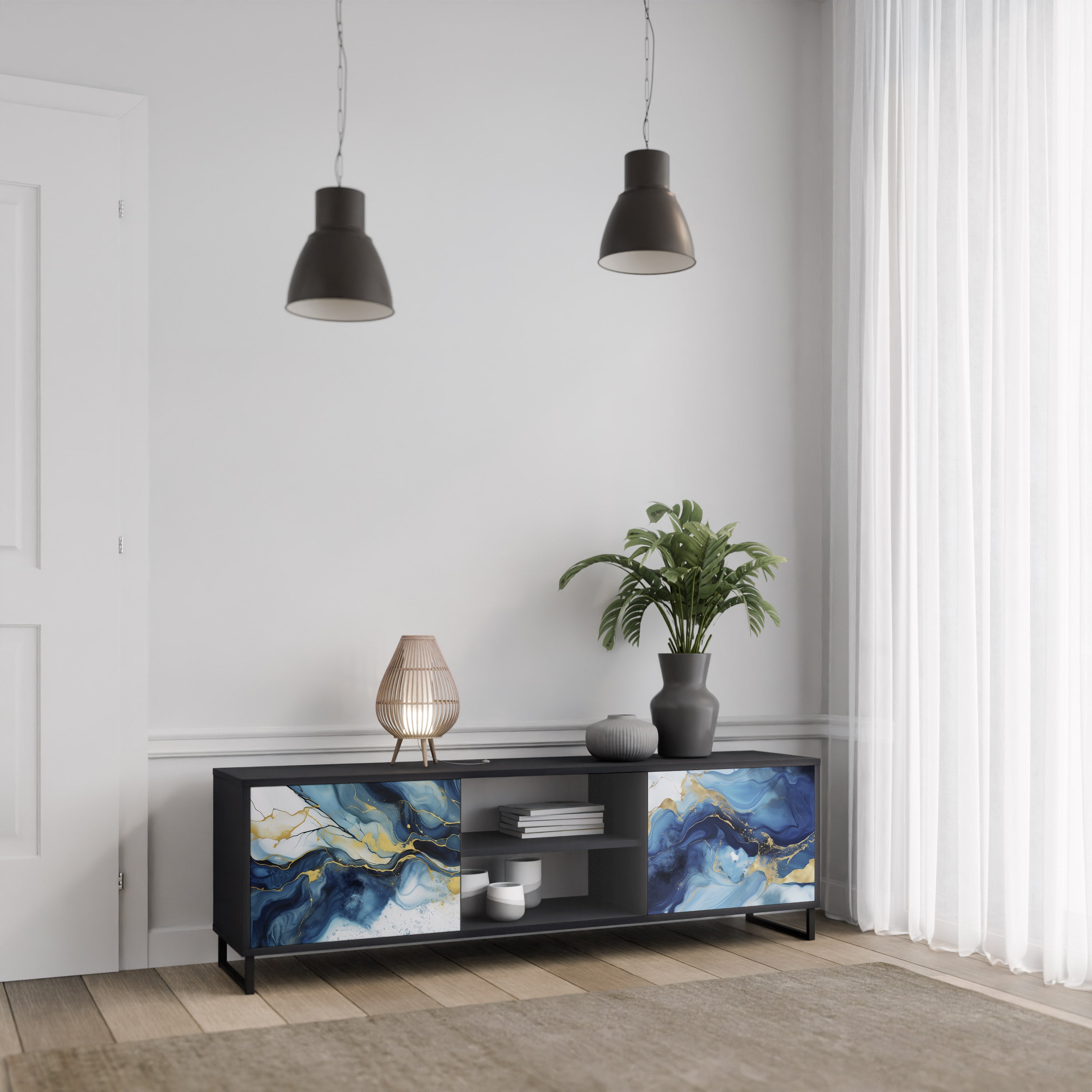 Mueble de TV de 2 puertas INKY MARBLE con acabado negro