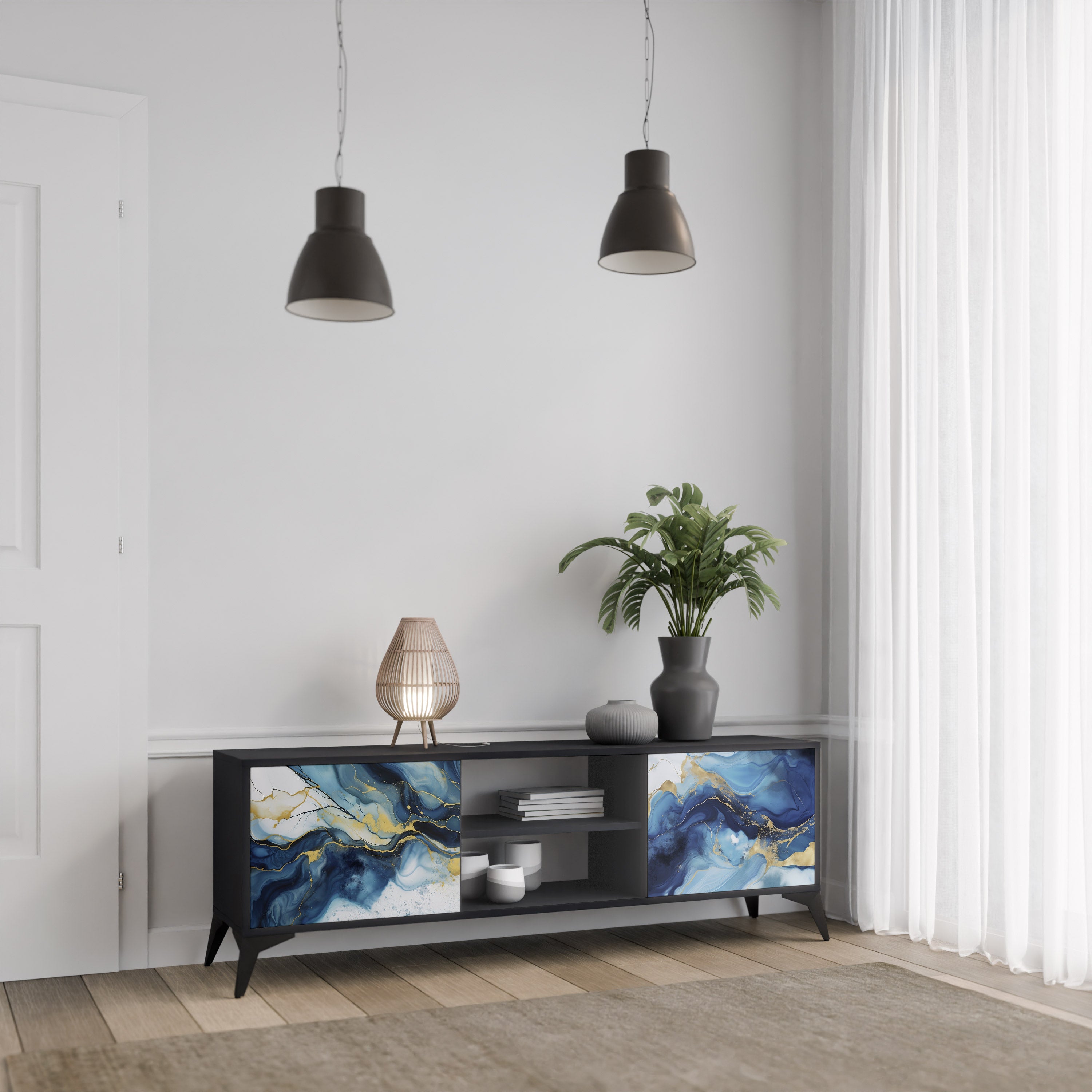 Mueble de TV de 2 puertas INKY MARBLE con acabado negro