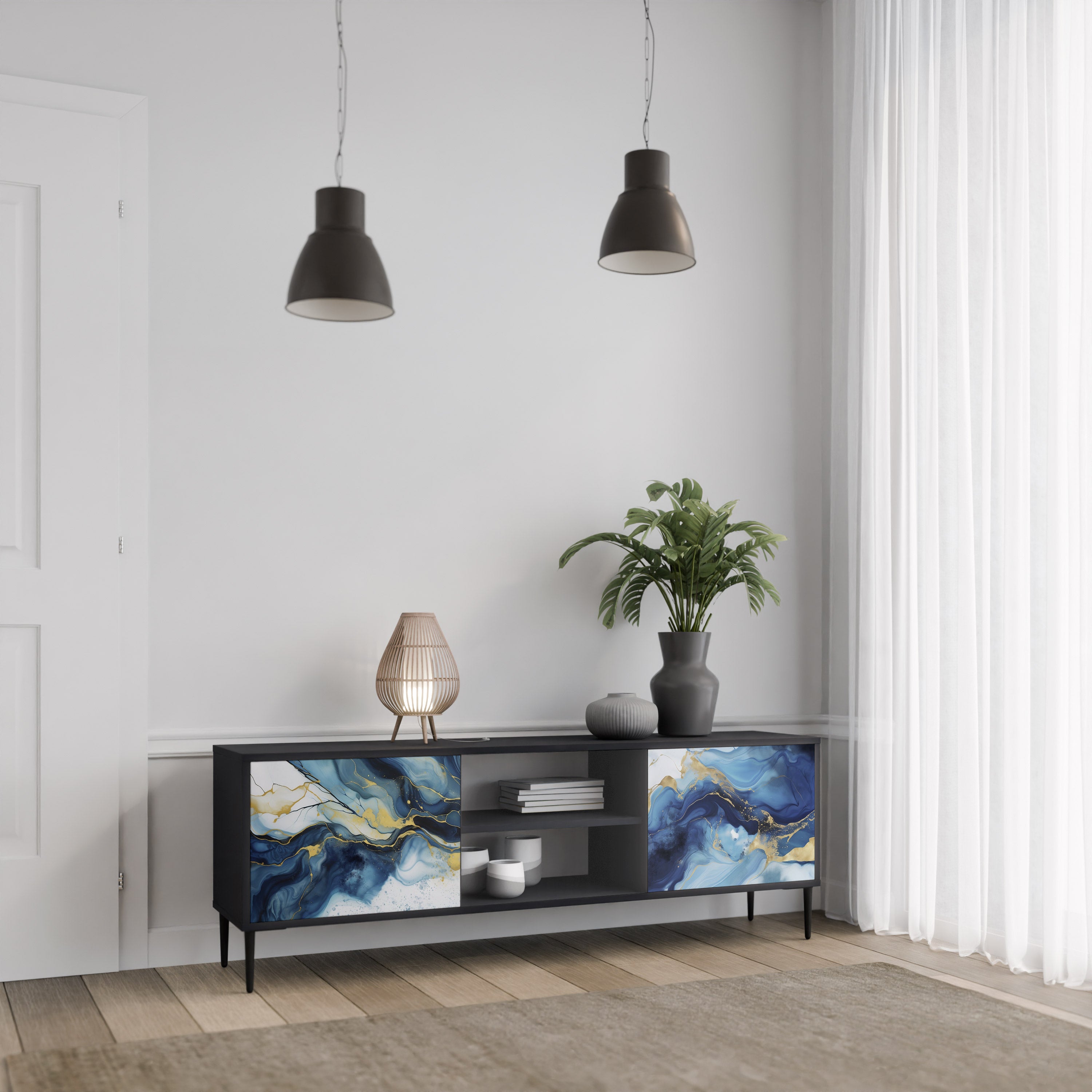 Mueble de TV de 2 puertas INKY MARBLE con acabado negro